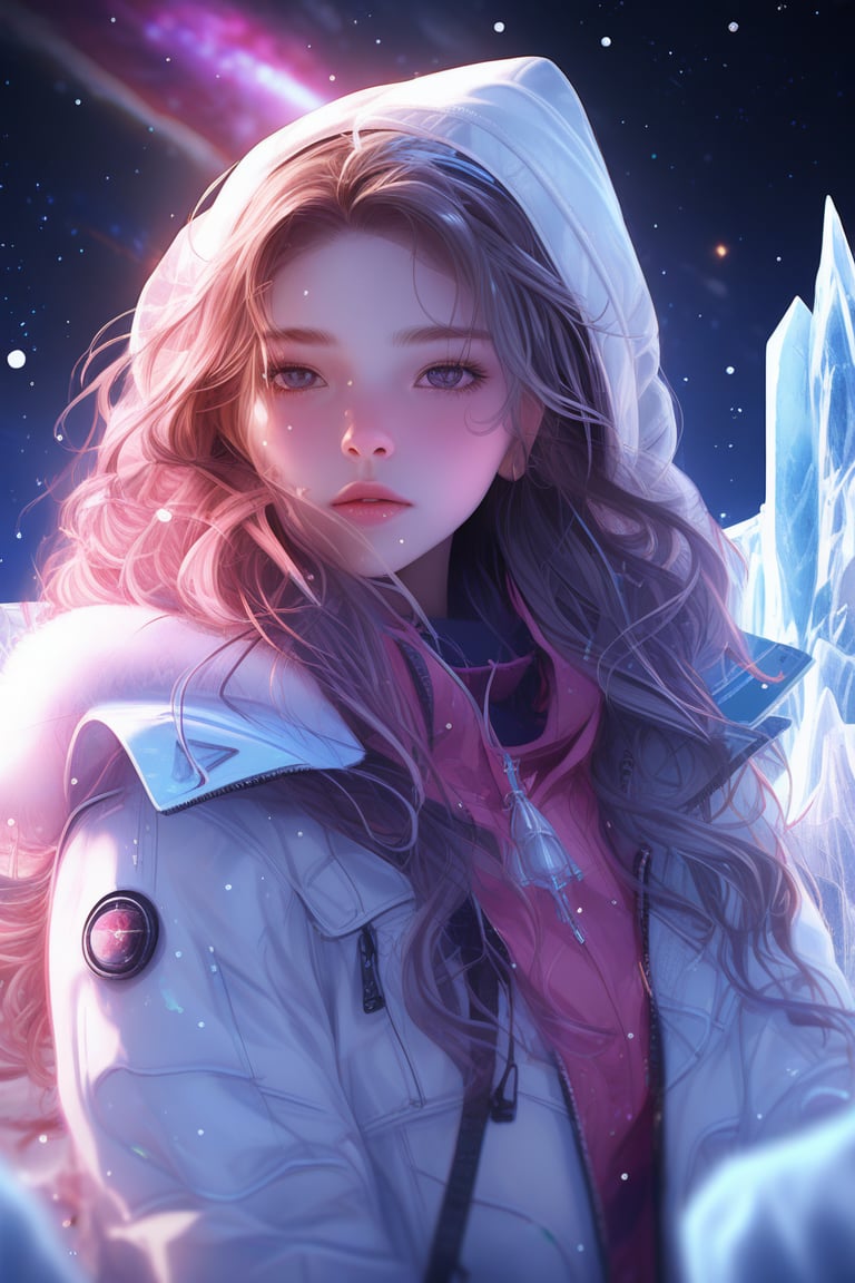 1 girl portrait, charming, nature, neon light, look at viewer,Anime Style, ice, space background,noc-space