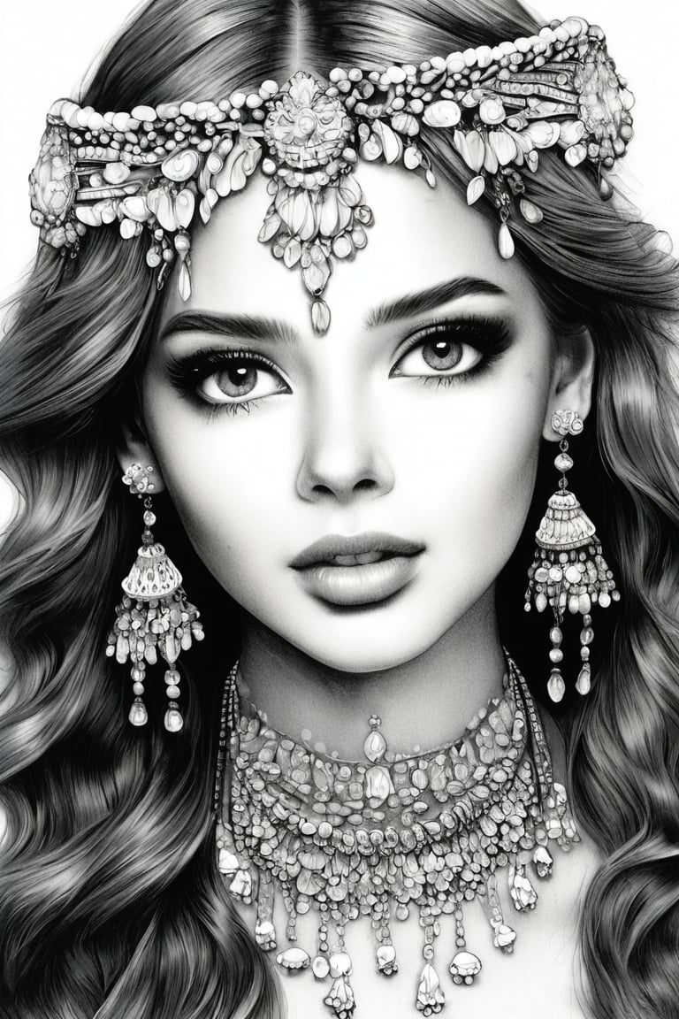 a breathtakingly glamorous girl with intricate facial features emanating mesmerizing beauty adorned with necklace and head ornament, feminine, long hair, very long hair,  absurdres, bright large eyes, ulzzang,monochome, greyscale, pencil sketch, charcoal rendering