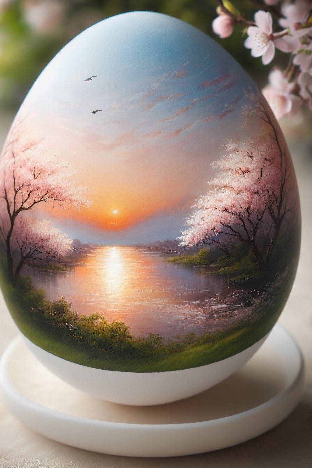 egg-art, masterpiece,absurdres,best quality,extremely detailed,highres,landscape,evening,light,sakura tree,sunset,Sakura falling,gentle breeze,
