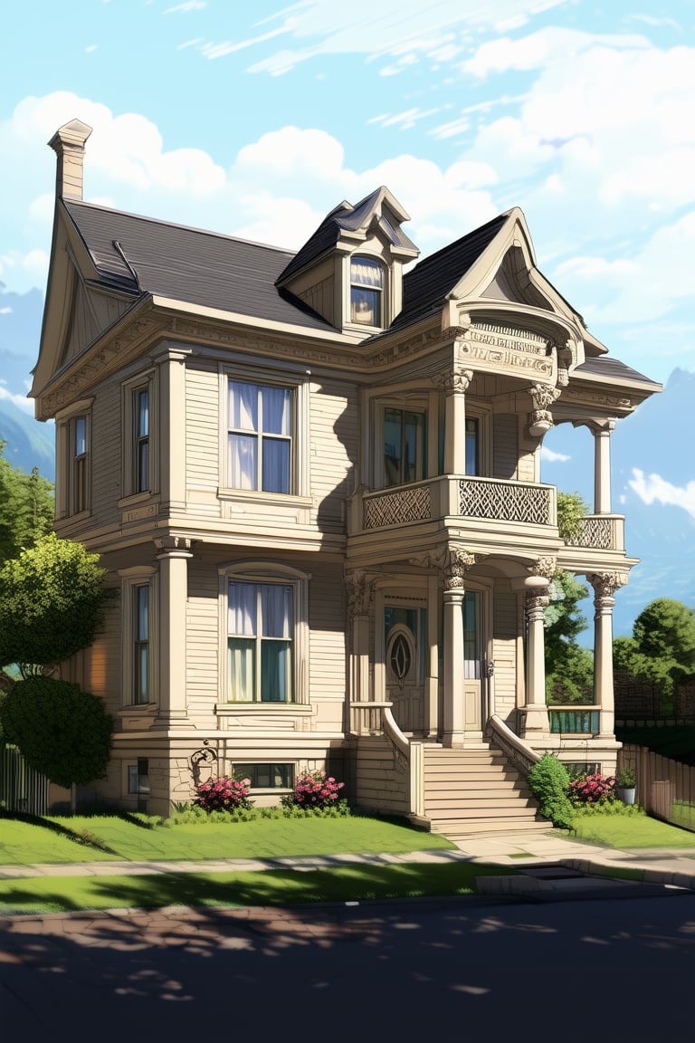 Top quality, Aesthetic sense, ultra detailed, ultra highres, ultra quality, anime style, (house in style of neoclassic) Clarify the details of moldings, decorative patterns, and exteriors