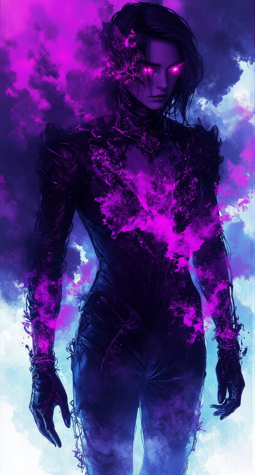 In a cinematic masterpiece, a phantasmagorical woman's silhouette emerges against a striking backdrop of black smoke layers on white, bathed in vibrant neon hues that cast an eerie glow. Her anime-inspired portrait radiates sadness and menace, with intricately detailed features that seem to leap from the screen.,noc-futuristic