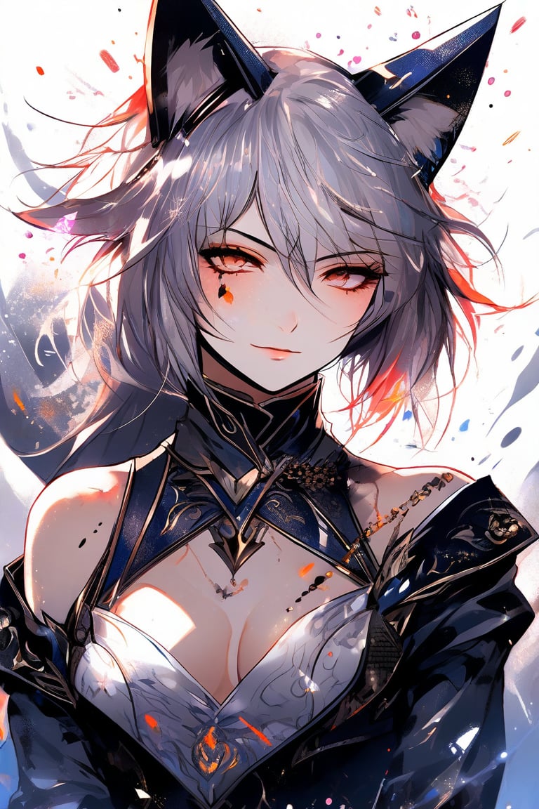 Beautiful girl, cat girl. She is very badass, she wears a very luxurious outfit. detailed image, detailed skin, upper body, looking at viewer. White background, ((masterpiece: 1.2)), light particles, ink droplets in background, Anime style.,midjourney