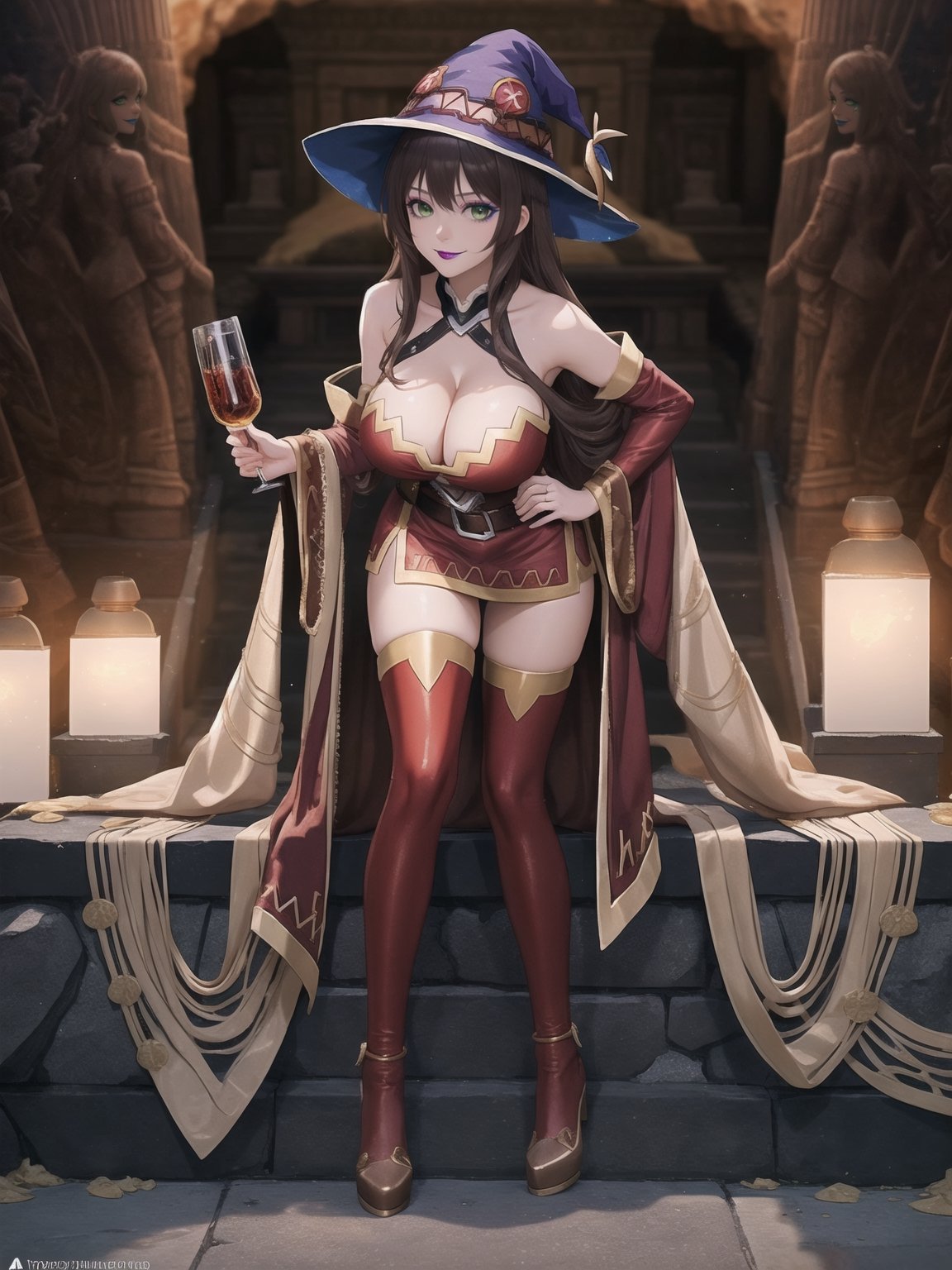 A woman, wearing sorceress costume with golden bands, all red costume, tight fitting costume, wearing witch hat, gigantic breasts, brown hair, hair with bangs in front of eyes, she is in an ancient temple in a cave, with large stone structures, altars, large figurines of ancient gods, pillars with Ancient Writings, UHD, best possible quality, ultra detailed, best possible resolution, ultra technological, futuristic, robotic, Unreal Engine 5, professional photography, she is, ((sensual pose with interaction and leaning on anything + object + on something + leaning against)), ((full body)), better_hands, More detail, ((Megumin - Konosuba))