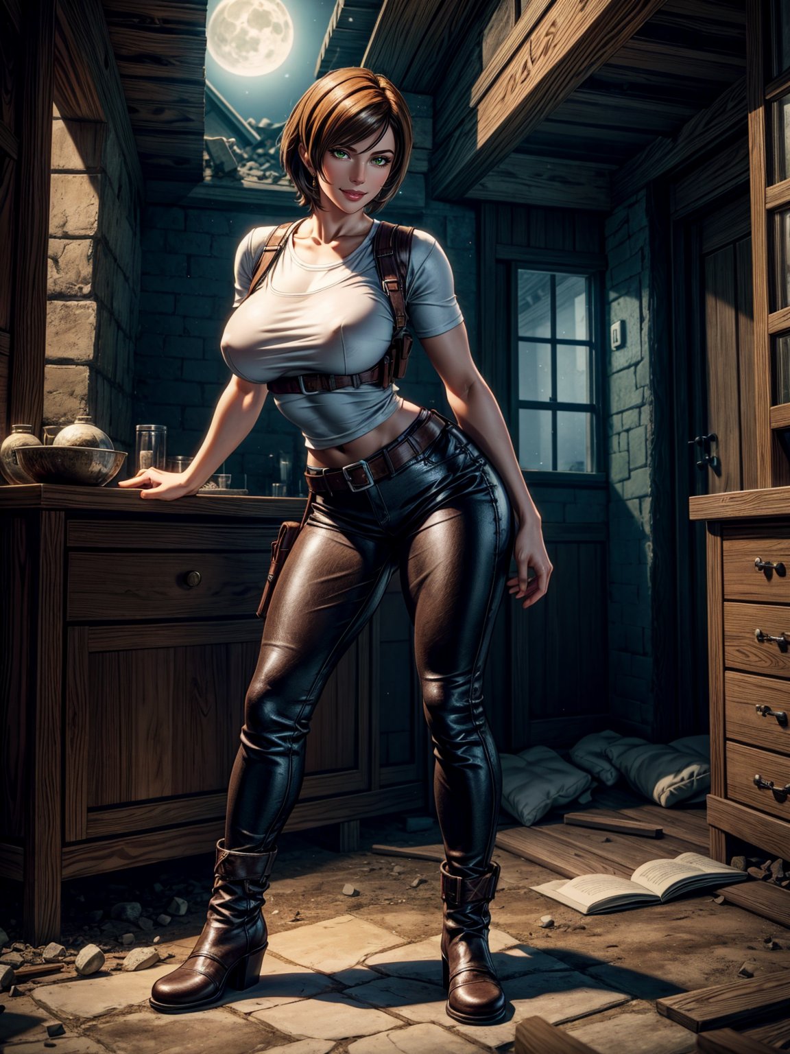 1woman, white T-shirt and long brown leather pants, black boot, extremely erotic clothing, extremely gigantic breasts, brown hair, very short hair, straight hair, hair with bangs in front of the eyes, looking at the viewer, (((erotic pose interacting and leaning on something))), in an old house all destroyed with lots of furniture, altars, window showing a village at night and a full moon at the top right, ((full body):1.5), ((Resident Evil 4)),16k, UHD, best possible quality, ((ultra detailed):1.2), best possible resolution, Unreal Engine 5, professional photography, perfect_hands