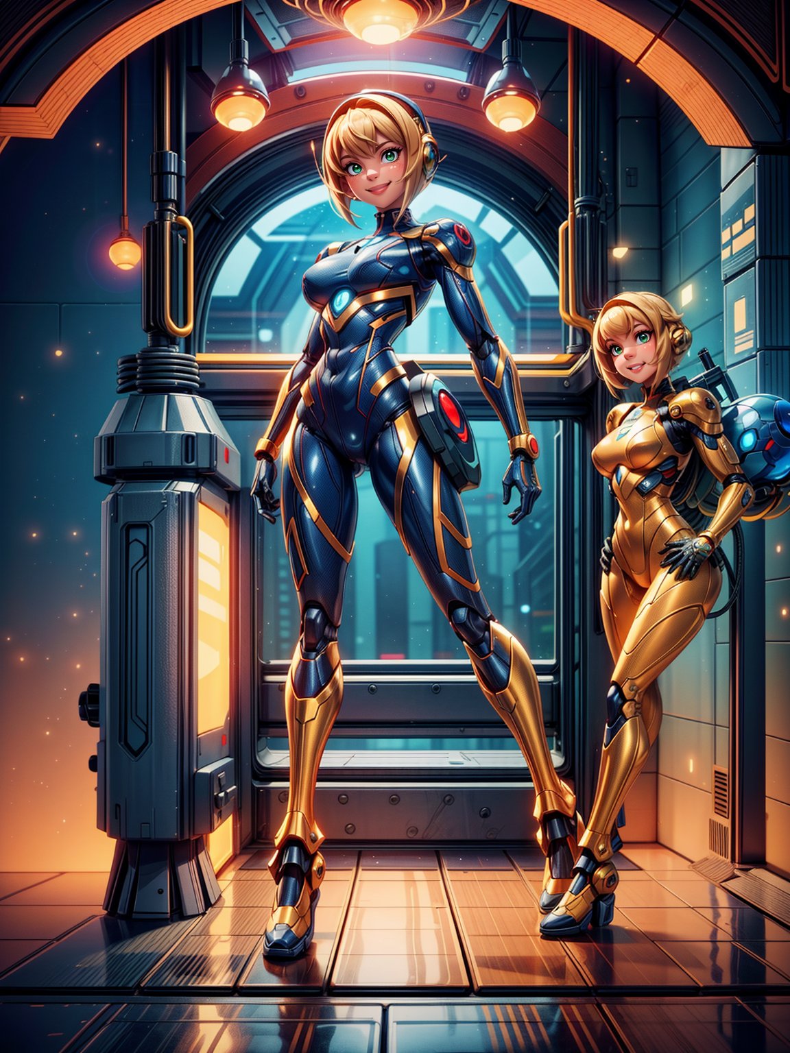 Just one woman, wearing mecha costume+Samus Aran costume+spider man costume, black with golden parts, gigantic breasts, multicolored hair, very short hair, straight hair, hair with bangs in front of the eyes, cybernetic helmet on the head, looking at the viewer, (((erotic pose interacting and leaning on something))), in a spaceship, with many machines,  robots, elevator, pipes with luminous water, window showing outer space, ((full body):1.5),16k, UHD, best possible quality, ((ultra detailed):1.2), best possible resolution, Unreal Engine 5, professional photography, perfect_hands