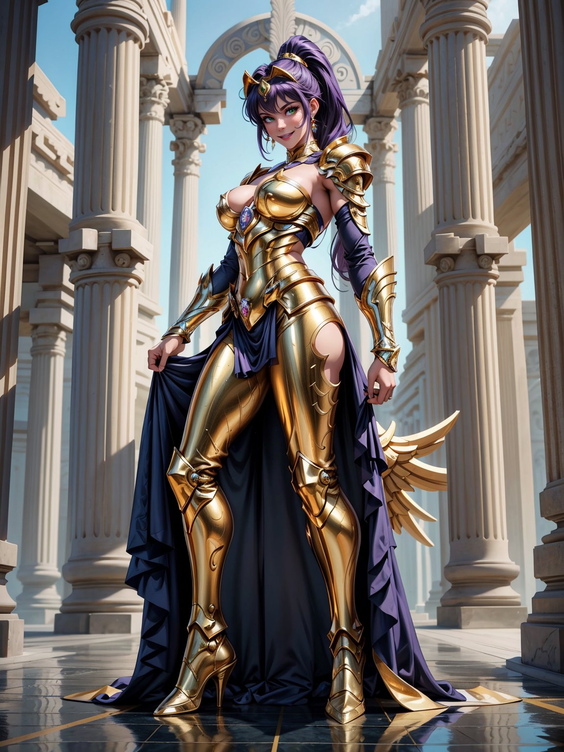 A woman, wearing gold armor+robotic suit covering her entire body, extremely large breasts, purple hair, short hair, hair with ponytail, hair with bangs covering the eye, helmet on the head, helmet on the head, (((staring at the viewer, pose interacting and leaning [on something|on an object]))), in the underwater temple of Poseidon, with many structures, altars, figurines, seabed with various structures, ((full body):1.5), 16k, UHD, best possible quality, ultra detailed, best possible resolution, Unreal Engine 5, professional photography, well-detailed fingers, well-detailed hand, perfect_hands, ((saint seiya Pegasus)) 