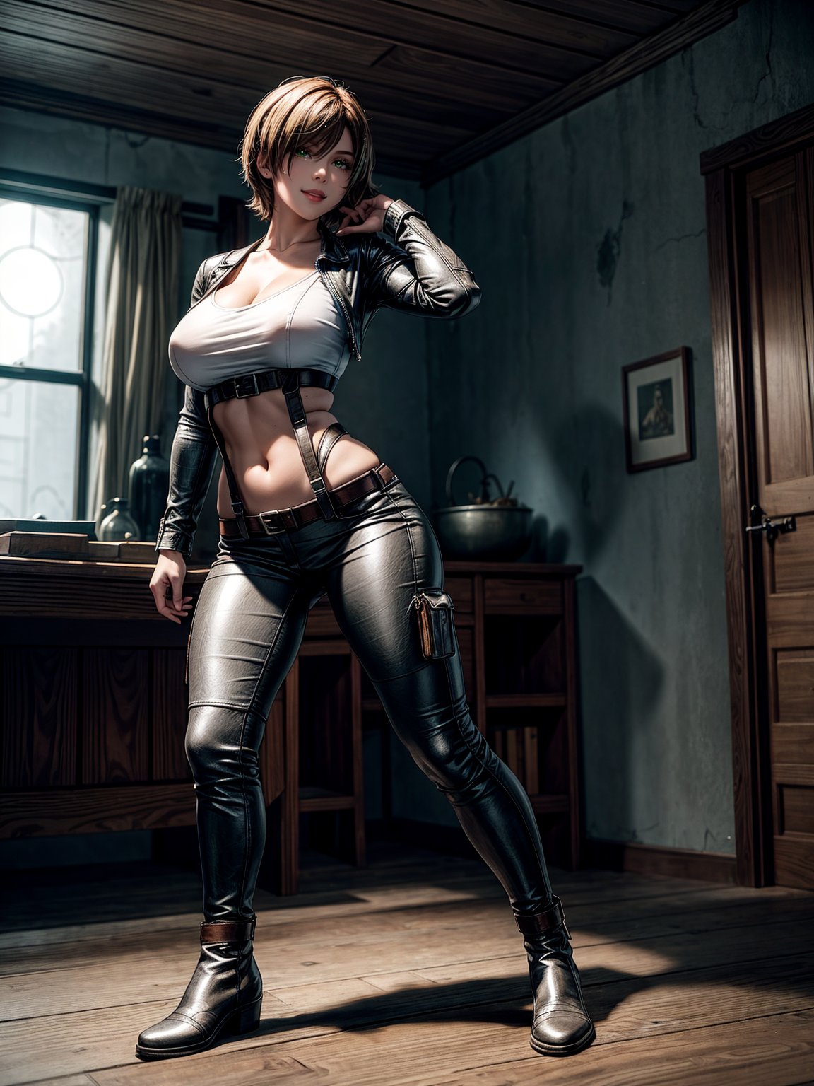 1woman, white T-shirt and long brown leather pants, black boot, extremely erotic clothing, extremely gigantic breasts, brown hair, very short hair, straight hair, hair with bangs in front of the eyes, looking at the viewer, (((erotic pose interacting and leaning on something))), in an old house all destroyed with furniture, altars, window showing a village at night and a full moon at the top right,  ((full body):1.5), ((Resident Evil 4)),16k, UHD, best possible quality, ((ultra detailed):1), best possible resolution, Unreal Engine 5, professional photography, perfect_hands