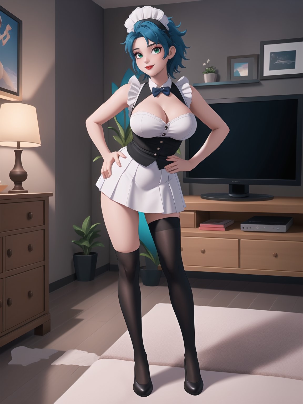 Solo woman, wearing maid's costume, all black with white parts, very short white skirt, gigantic breasts, mohawk hair, blue hair, messy hair, looking directly at the viewer, she is in a very large apartment, with furniture, computers, plasma TV, bed, glass table, chair, window, instant, 16k, UHD, best possible quality, ultra detailed,  best possible resolution, Unreal Engine 5, professional photography, she is, ((interaction and leaning on anything+object+on something+leaning against+sensual pose))+(full body:1.5), More detail, better_hands ,perfect