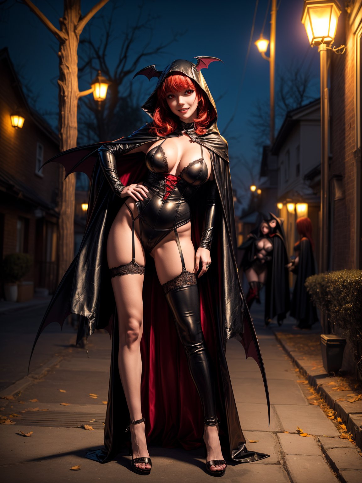 ((1woman)), ((wearing erotic vampire costume, with long cape, bat wings on head, very pale and whitish skin)), ((gigantic breasts)), ((short red hair, hair with bangs in front of the eyes)), ((staring at the viewer)), ((leaning against [front, tall mailbox striking erotic pose, feet on the ground | leaning against one, wooden cards stuck on the floor doing erotic pose])),  ((in a small neighborhood, halloween party, multiple people with different costumes in the neighborhood, is at night, lampposts illuminating, the bairo)), (((full body))), 16k, UHD, (((better quality, better resolution, better detail)),
