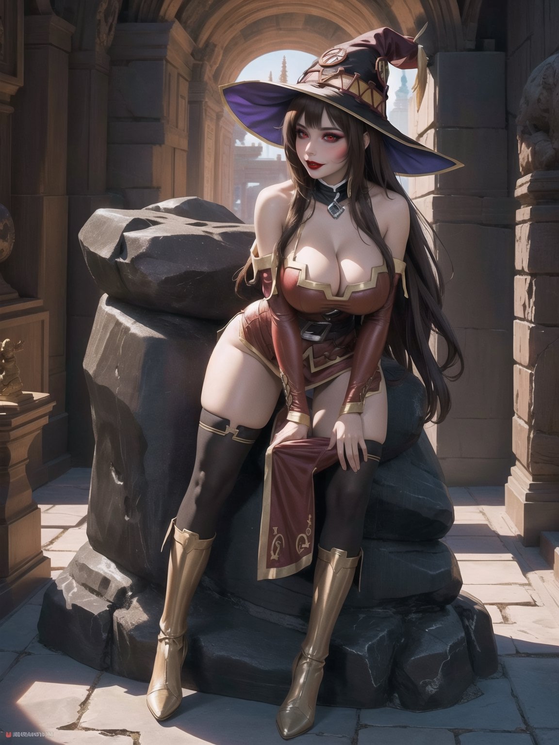 A woman, wearing sorceress costume with golden bands, all red costume, tight fitting costume, wearing witch hat, gigantic breasts, brown hair, hair with bangs in front of eyes, she is in an ancient temple in a cave, with large stone structures, altars, large figurines of ancient gods, pillars with Ancient Writings, UHD, best possible quality, ultra detailed, best possible resolution, ultra technological, futuristic, robotic, Unreal Engine 5, professional photography, she is, ((sensual pose with interaction and leaning on anything + object + on something + leaning against)), ((full body)), better_hands, More detail, ((Megumin - Konosuba))