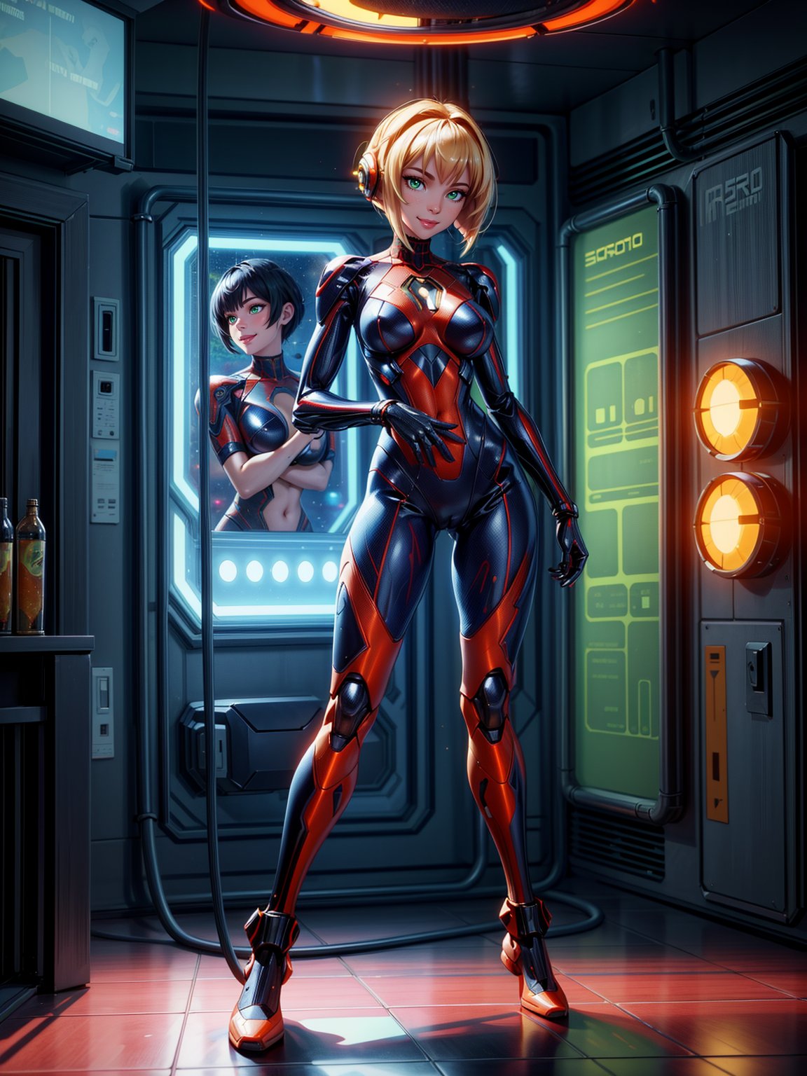 Just one woman, wearing mecha costume+Samus Aran costume+spider man costume, black with golden parts, gigantic breasts, multicolored hair, very short hair, straight hair, hair with bangs in front of the eyes, cybernetic helmet on the head, looking at the viewer, (((erotic pose interacting and leaning on something))), in a spaceship, with many machines,  robots, elevator, pipes with luminous water, window showing outer space, ((full body):1.5),16k, UHD, best possible quality, ((ultra detailed):1.2), best possible resolution, Unreal Engine 5, professional photography, perfect_hands