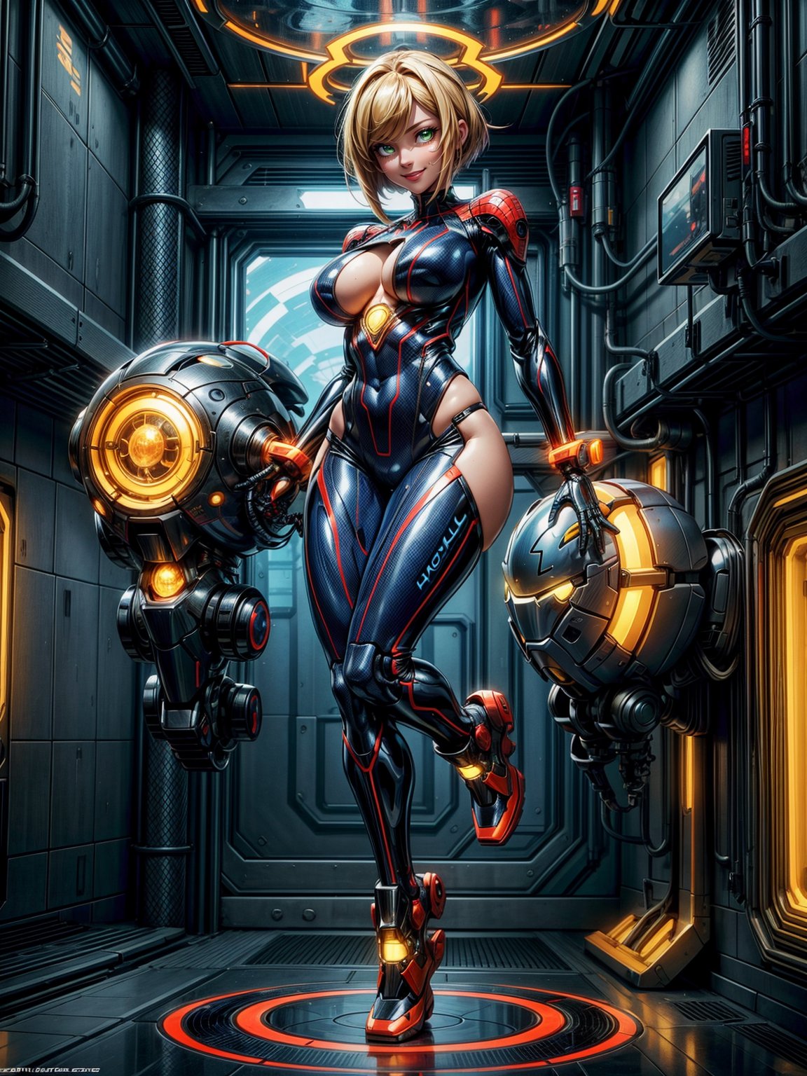 Just one woman, wearing mecha costume+Samus Aran costume+spider man costume, black with golden parts, gigantic breasts, multicolored hair, very short hair, straight hair, hair with bangs in front of the eyes, cybernetic helmet on the head, looking at the viewer, (((erotic pose interacting and leaning on something))), in a spaceship, with many machines,  robots, elevator, pipes with luminous water, window showing outer space, ((full body):1.5),16k, UHD, best possible quality, ((ultra detailed):1.2), best possible resolution, Unreal Engine 5, professional photography, perfect_hands