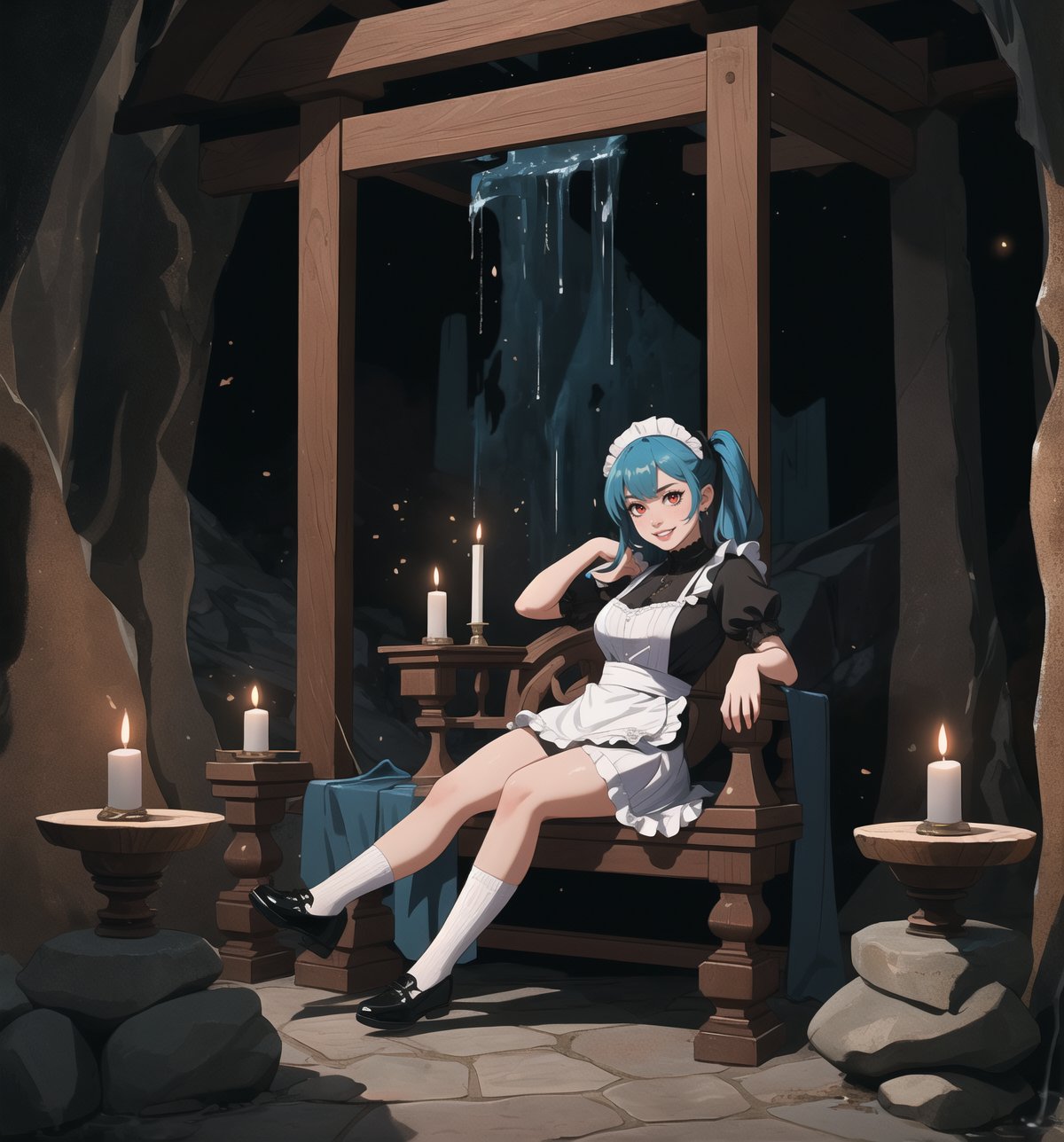 An ultra-detailed 16K masterpiece with macabre styles fused with fantastical elements, rendered in ultra-high resolution with realistic details. | A 33-year-old woman, dressed as a maid, wearing a simple blue uniform, white apron, black shoes and white socks. She has long blue hair, divided into two pigtails, and red eyes, looking at the viewer with a seductive and mysterious expression, smiling and showing her teeth. It is located in a macabre cave, with damp stone walls, stalactites and stalagmites, and a waterfall of dirty water falling to the floor. The cave has an altar made of wood and wooden architecture scattered throughout the environment. The dim light of a few candles illuminates the gloomy environment, creating dramatic shadows and highlighting the details of the scene. | The image highlights the woman's sensual figure and the cave's architectural elements. The rock and wooden structures, along with the woman, the altar, the pillars and the macabre sculptures, create a frightening and seductive environment. Thunder in the night sky illuminates the scene, creating dramatic shadows and highlighting the details of the scene. | Soft, shadowy lighting effects create a tense, desire-filled atmosphere, while rough, detailed textures on structures and costumes add realism to the image. | A sensual and terrifying scene of a woman dressed as a maid in a macabre cave, fusing elements of macabre art and fantasy. | ((((The image reveals a full-body shot of the character as she assumes a sensual pose. She enticingly leans, throws herself, and supports herself against a structure within the scene in an exciting manner. While leaning back, she takes on a sensual pose, boldly throwing herself onto the structure and reclining back in an exhilarating way.)))). | ((((full-body shot)))), ((perfect pose)), ((perfect fingers, better hands, perfect hands)), ((perfect legs, perfect feet)), ((huge breasts)), ((perfect design)), ((perfect composition)), ((very detailed scene, very detailed background, perfect layout, correct imperfections)), More Detail, Enhance