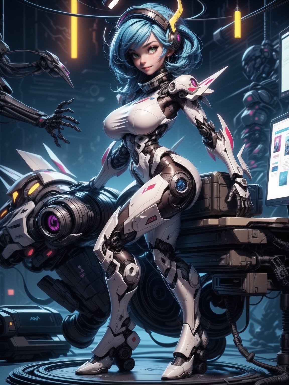A woman, wearing ((all white mecha suit with blue parts, huge breasts, wearing helmet with colored visor):1), blue hair, hair with bangs in front of eyes, (looking at the viewer), (((sensual pose+Interacting+leaning on anything+object+leaning against))), in a laboratory with chair, machines, computers, window showing the city at night, 16K, UHD, ((full body)), unreal engine 5, quality max, max resolution, ultra-realistic, ultra-detailed, maximum sharpness, ((perfect_hands)), ((perfect_legs)), Goodhands-beta2, ((mecha, cyberpunk))