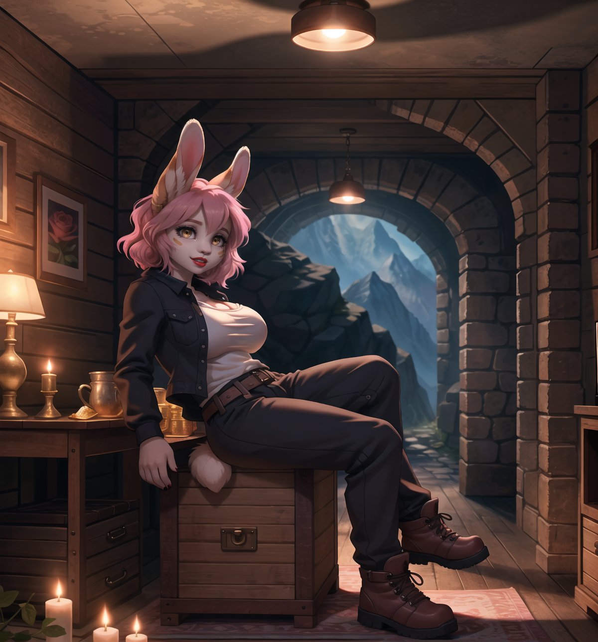 An adventure and exploration masterpiece, rendered in ultra-detailed 8K with vibrant, realistic details. | Rose, a young 23-year-old rabbit woman with ((green fur)), is dressed in a climbing outfit consisting of a long-sleeved shirt, sweatpants, mountain boots, gloves, belt with pockets, rope and a helmet. Her ((short pink hair)) is styled in a modern and stylish cut with tousled braids. ((She has golden eyes, looking at the viewer while smiling and showing her teeth, wearing red lipstick)). She is in a macabre, dark cave, with rock, wooden and metallic structures. The treasure chests and lamps on the walls add to the mysterious and spooky atmosphere of the place. The light from the lamps illuminates the room, creating ominous shadows on the walls. | The image highlights Rose's athletic figure and the architectural elements of the macabre cave. The rock, wooden and metal structures, along with the treasure chests and lamps on the walls, create a mysterious and frightening environment. The ominous shadows on the walls highlight the tension and fear in the scene. | Soft, shadowy lighting effects create a tense, fear-filled atmosphere, while rough, detailed textures on structures and clothing add realism to the image. | A terrifying scene of a young rabbit woman explorer in a macabre cave, exploring themes of adventure, exploration and fear. |  (((The image reveals a full-body shot as Rose assumes a sensual pose, engagingly leaning against a structure within the scene in an exciting manner. She takes on a sensual pose as she interacts, boldly leaning on a structure, leaning back and boldly throwing herself onto the structure, reclining back in an exhilarating way.))). | ((((full-body shot)))), ((perfect pose)), ((perfect arms):1.2), ((perfect limbs, perfect fingers, better hands, perfect hands, hands)), ((perfect legs, perfect feet):1.2), ((huge breasts)), ((perfect design)), ((perfect composition)), ((very detailed scene, very detailed background, perfect layout, correct imperfections)), Enhance, Ultra details++, More Detail, poakl