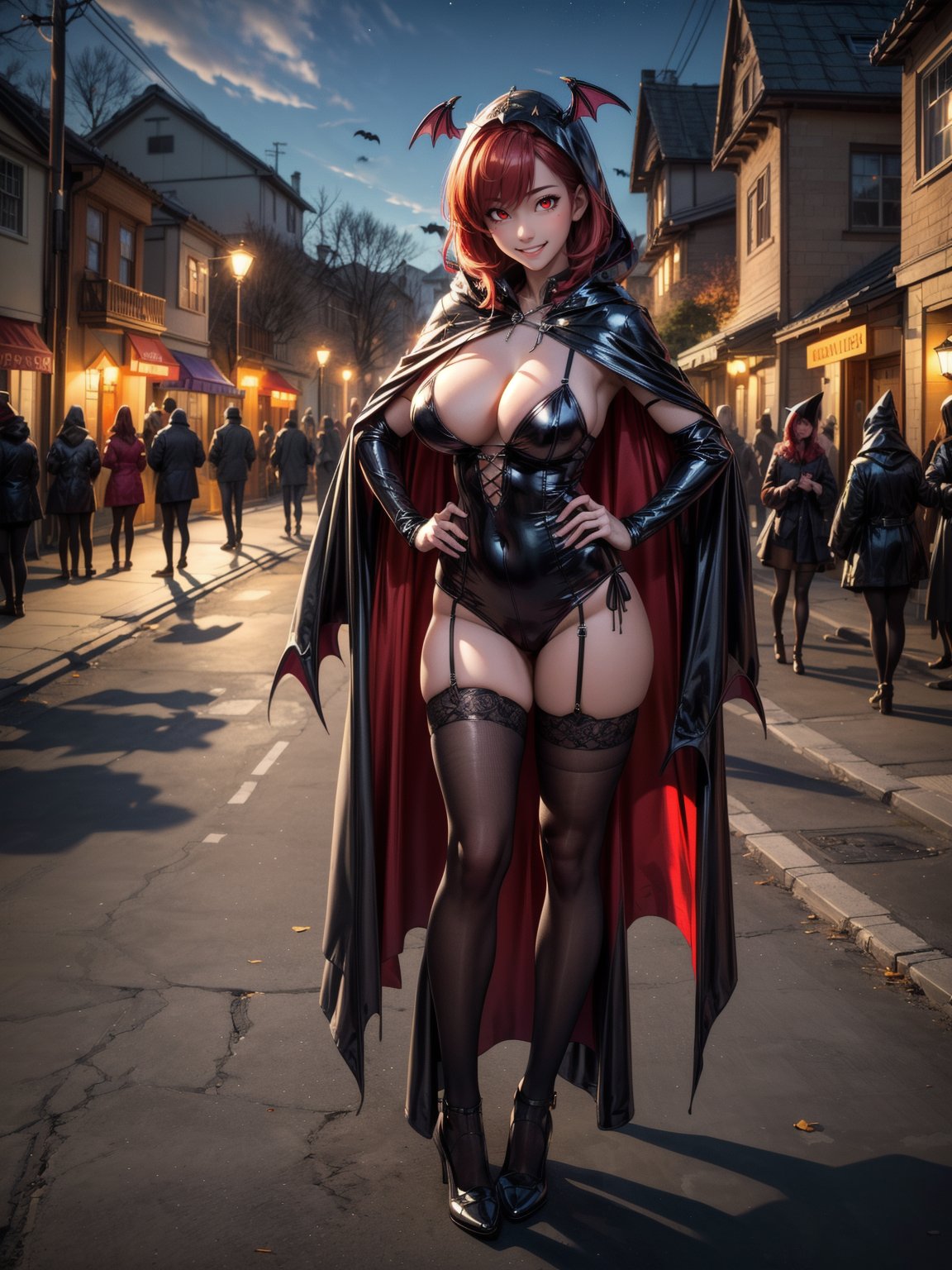 ((1woman)), ((wearing erotic vampire costume, with long cape, bat wings on head, very pale and whitish skin)), ((gigantic breasts)), ((short red hair, hair with bangs in front of the eyes)), ((staring at the viewer)), 1woman [leaning against a very high mailbox doing erotic pose|leaning against a large wooden board stuck on the floor, doing erotic pose], ((halloween party, multiple people with different costumes in the neighborhood, it's at night, light poles illuminating, the neighborhood)), (((full body))), 16k, UHD, ((better quality, better resolution, better detail)),