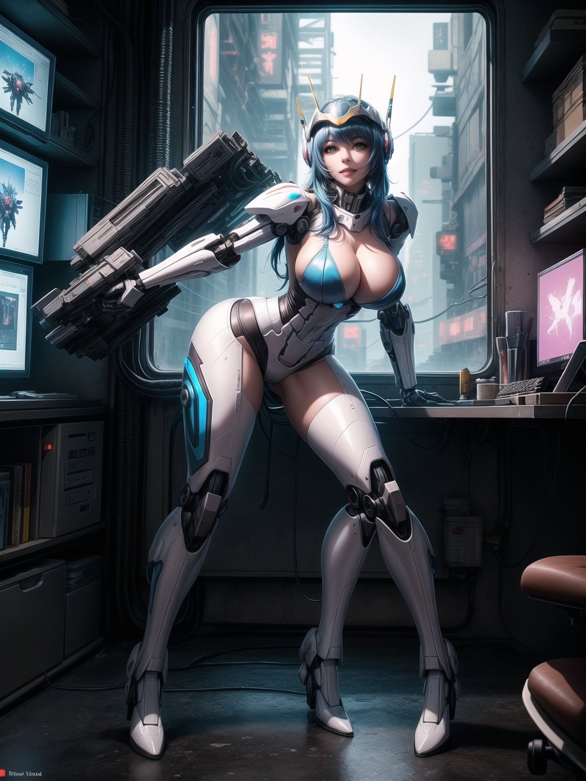 A woman, wearing ((all white mecha suit with blue parts, huge breasts, wearing helmet with colored visor):1), blue hair, hair with bangs in front of eyes, (looking at the viewer), (((sensual pose+Interacting+leaning on anything+object+leaning against))), in a laboratory with chair, machines, computers, window showing the city at night, 16K, UHD, ((full body)), unreal engine 5, quality max, max resolution, ultra-realistic, ultra-detailed, maximum sharpness, ((perfect_hands)), ((perfect_legs)), Goodhands-beta2, ((mecha, cyberpunk))