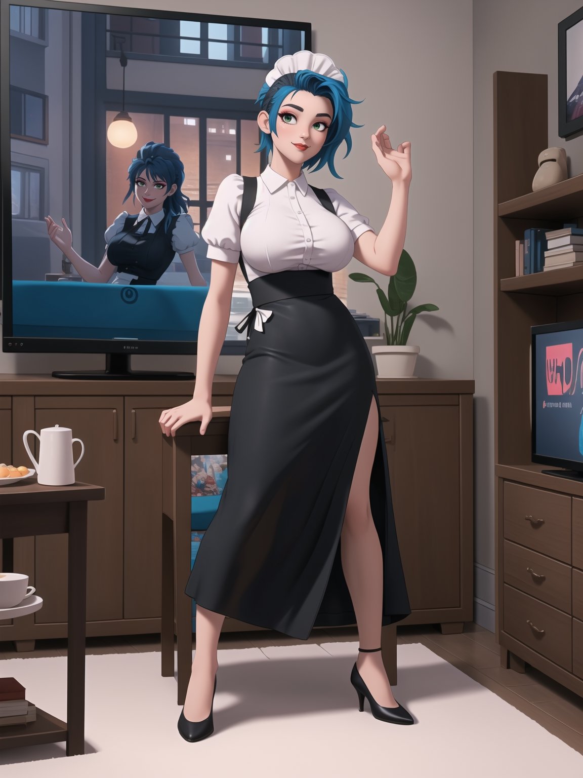 Solo woman, wearing maid's costume, all black with white parts, very short white skirt, gigantic breasts, mohawk hair, blue hair, messy hair, looking directly at the viewer, she is in a very large apartment, with furniture, computers, plasma TV, bed, glass table, chair, window, instant, 16k, UHD, best possible quality, ultra detailed,  best possible resolution, Unreal Engine 5, professional photography, she is, ((interaction and leaning on anything+object+on something+leaning against+sensual pose))+(full body:1.3), More detail, better_hands ,perfect