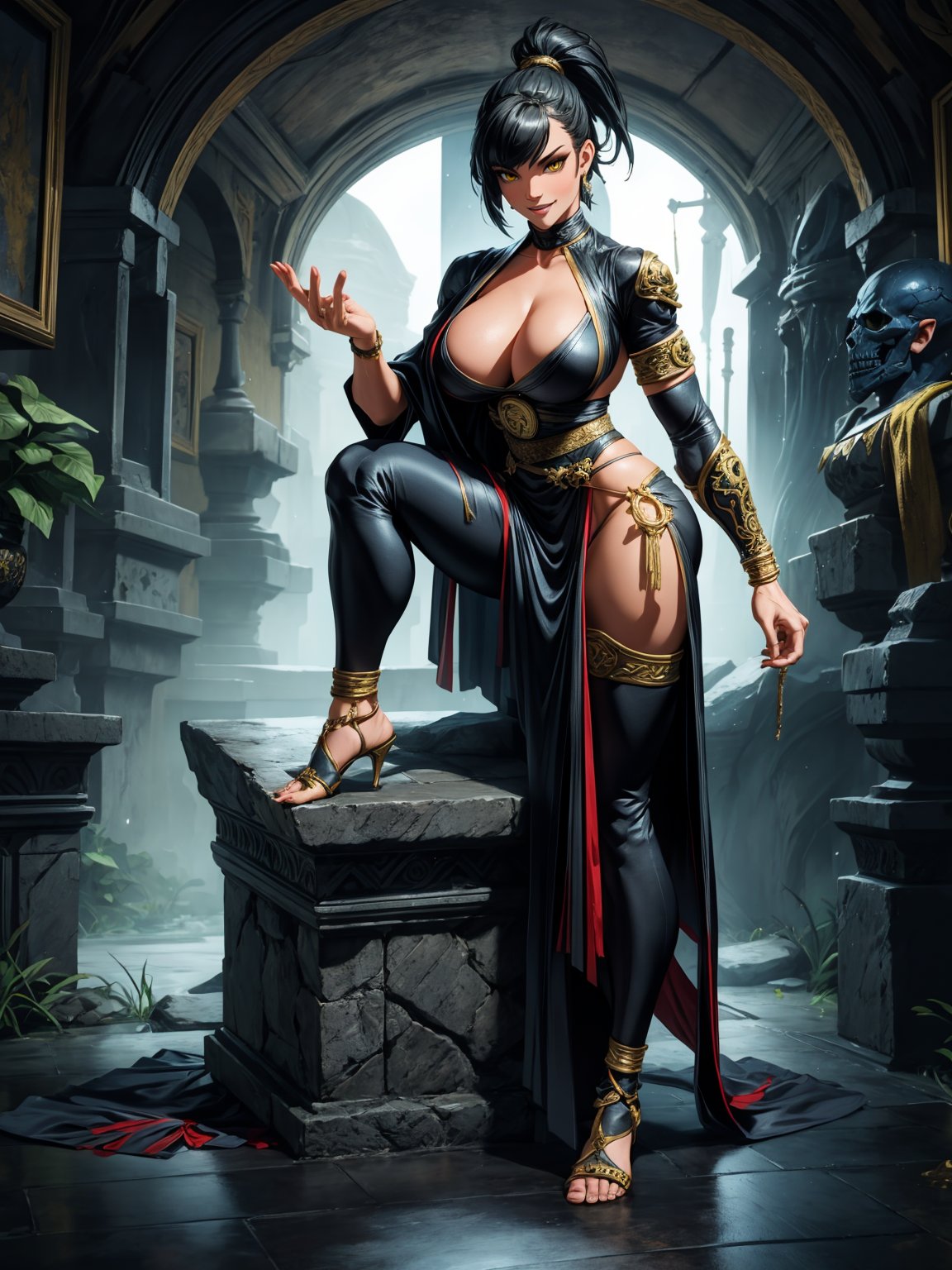 A woman, wearing a black ninja costume with blue parts, monstrously gigantic breasts, black hair, short hair, hair with bangs in front of her eyes, hair with ponytail, looking at the viewer, (((erotic pose interacting and leaning [on something in the environment|on an object]))), in a very old sewer with large altars, edra structures, gold figurines, sewer bottom with green acid river full of floating skeletons, ((full body):1.5), 16k, UHD, best possible quality, ultra detailed, best possible resolution, Unreal Engine 5, professional photography, ((well-detailed fingers)), ((well-detailed hand)), ((perfect_hands)), ((mortal_kombat))