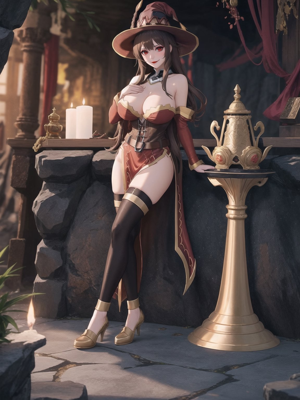 A woman, wearing sorceress costume with golden bands, all red costume, tight fitting costume, wearing witch hat, gigantic breasts, brown hair, hair with bangs in front of eyes, she is in an ancient temple in a cave, with large stone structures, altars, large figurines of ancient gods, pillars with Ancient Writings, UHD, best possible quality, ultra detailed, best possible resolution, ultra technological, futuristic, robotic, Unreal Engine 5, professional photography, she is, ((sensual pose with interaction and leaning on anything + object + on something + leaning against)), ((full body)), better_hands, More detail, ((Megumin - Konosuba))