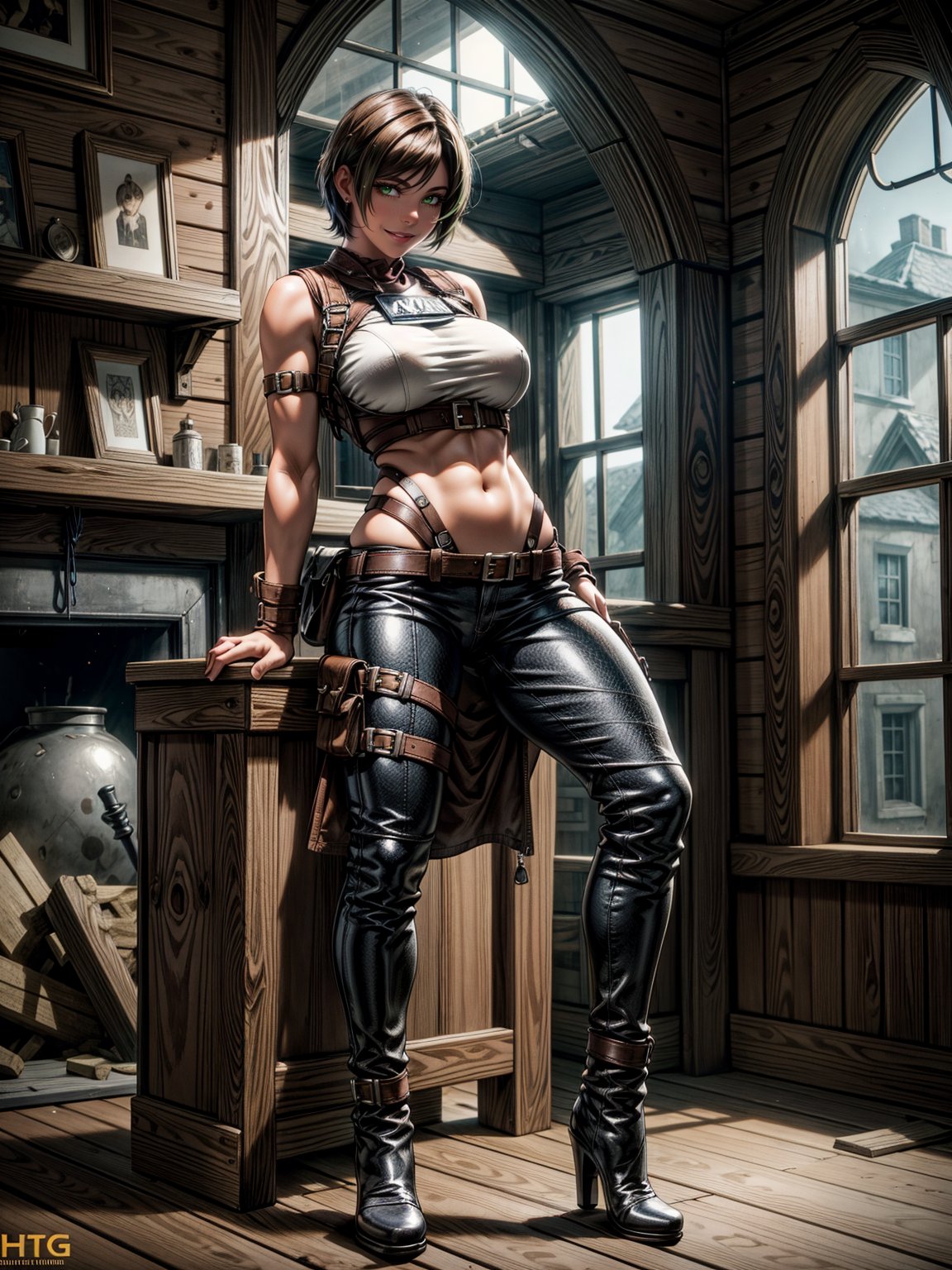 1woman, white T-shirt and long brown leather pants, black boot, extremely erotic clothing, extremely gigantic breasts, brown hair, very short hair, straight hair, hair with bangs in front of the eyes, looking at the viewer, (((erotic pose interacting and leaning on something))), in an old house all destroyed with lots of furniture, altars, window showing a village at night and a full moon at the top right, ((full body):1.5), ((Resident Evil 4)),16k, UHD, best possible quality, ((ultra detailed):1.2), best possible resolution, Unreal Engine 5, professional photography, perfect_hands