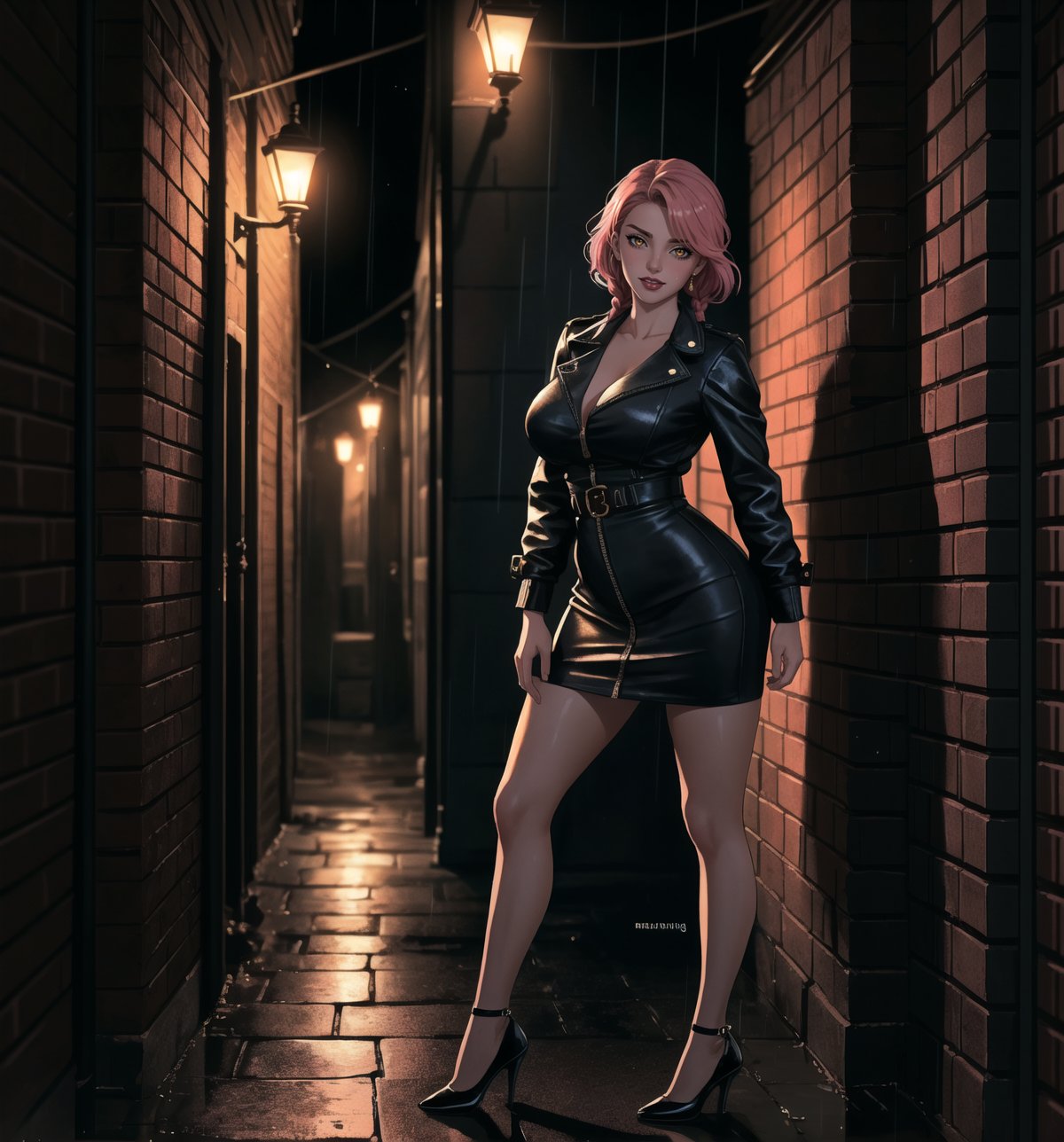 A masterpiece of noir style and drama, rendered in ultra-detailed 8K with realistic, vibrant details. | Rose, a young 23-year-old woman, is dressed in a prostitute outfit consisting of a short dress, high stockings, high-heeled shoes and a leather jacket. Her short pink hair is styled in a stylish modern cut with tousled braids. She has golden eyes, looking at the viewer while smiling and showing her teeth, wearing red lipstick. It is located in a dark alley at night during heavy rain. The brick structures, crates, lampposts, marble and wooden structures add to the dark and mysterious atmosphere of the place. The dim light from the streetlights illuminates the room, creating ominous shadows on the walls. | The image highlights Rose's seductive figure and the architectural elements of the dark alley. The brick structures, crates, lampposts, marble and wooden structures, along with the heavy rain, create a dark and mysterious atmosphere. The ominous shadows on the walls highlight the tension and fear in the scene. | Soft, shadowy lighting effects create a tense, fear-filled atmosphere, while rough, detailed textures on structures and clothing add realism to the image. | A terrifying scene of a young prostitute woman in a dark alley at night, exploring themes of noir, drama and fear. | (((The image reveals a full-body shot as Rose assumes a sensual pose, engagingly leaning against a structure within the scene in an exciting manner. She takes on a sensual pose as she interacts, boldly leaning on a structure, leaning back and boldly throwing herself onto the structure, reclining back in an exhilarating way.))). | ((((full-body shot)))), ((perfect pose)), ((perfect arms):1.2), ((perfect limbs, perfect fingers, better hands, perfect hands, hands)), ((perfect legs, perfect feet):1.2), ((huge breasts)), ((perfect design)), ((perfect composition)), ((very detailed scene, very detailed background, perfect layout, correct imperfections)), Enhance, Ultra details++, More Detail, poakl