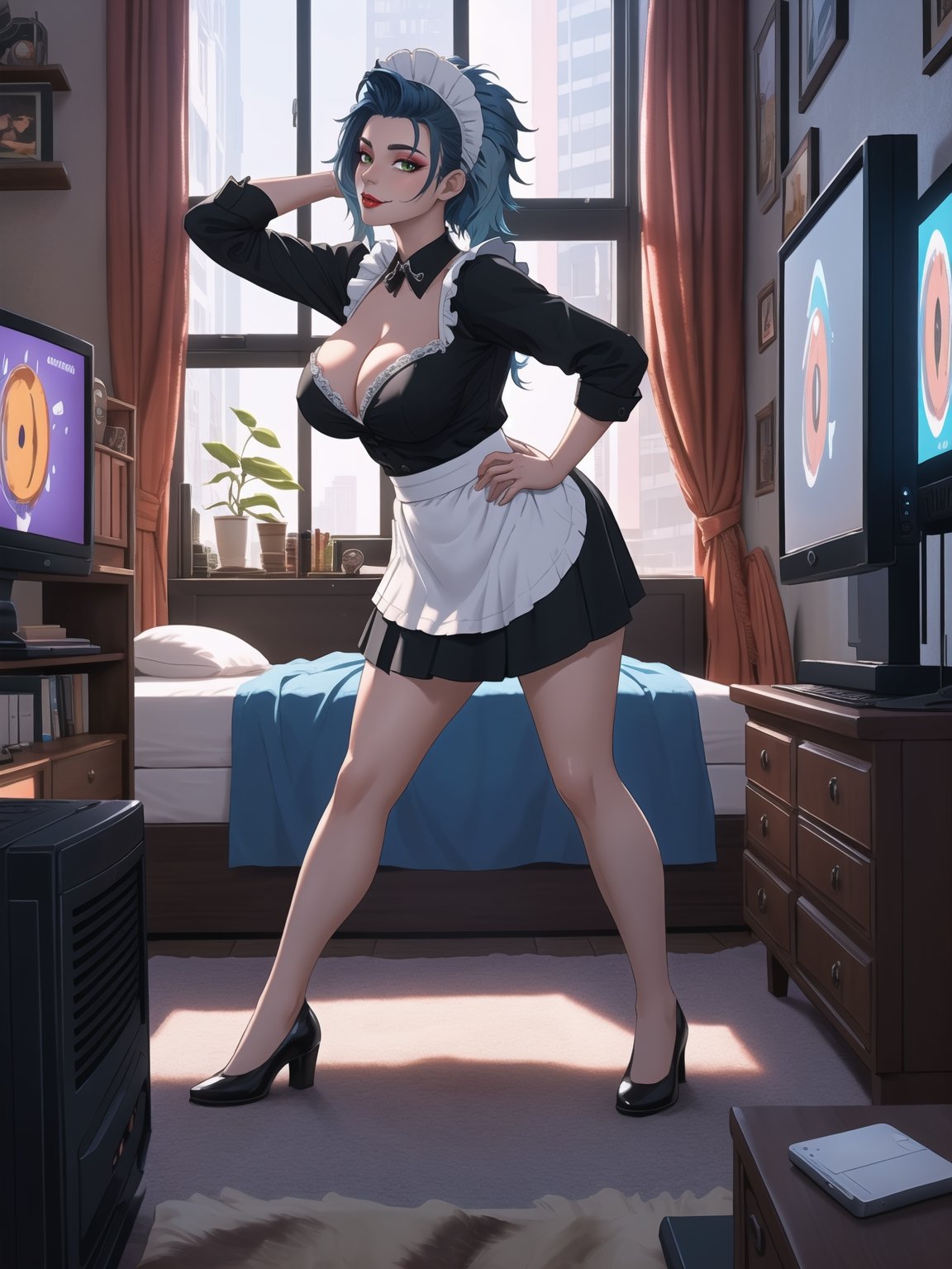 Solo woman, wearing maid's costume, all black with white parts, very short white skirt, gigantic breasts, mohawk hair, blue hair, messy hair, looking directly at the viewer, she is in a very large apartment, with furniture, computers, plasma TV, bed, glass table, chair, window, instant, 16k, UHD, best possible quality, ultra detailed,  best possible resolution, Unreal Engine 5, professional photography, she is, ((interaction and leaning on anything+object+on something+leaning against+sensual pose+full body)), More detail, better_hands,