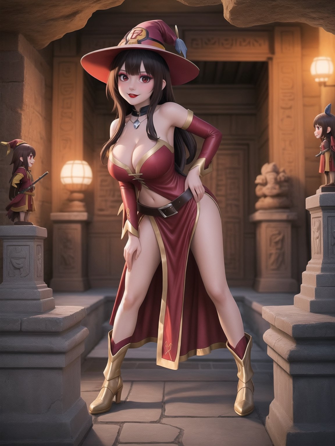 A woman, wearing sorceress costume with golden bands, all red costume, tight fitting costume, wearing witch hat, gigantic breasts, brown hair, hair with bangs in front of eyes, she is in an ancient temple in a cave, with large stone structures, altars, large figurines of ancient gods, pillars with Ancient Writings, UHD, best possible quality, ultra detailed, best possible resolution, ultra technological, futuristic, robotic, Unreal Engine 5, professional photography, she is, ((sensual pose with interaction and leaning on anything + object + on something + leaning against)), ((full body)), better_hands, More detail, ((Megumin - Konosuba))