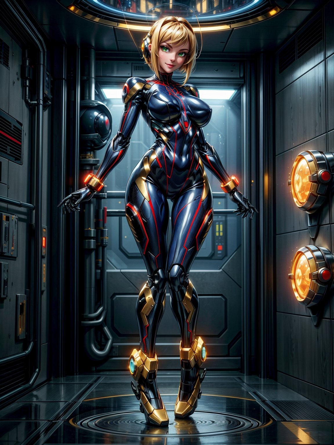 Just one woman, wearing mecha costume+Samus Aran costume+spider man costume, black with golden parts, gigantic breasts, multicolored hair, very short hair, straight hair, hair with bangs in front of the eyes, cybernetic helmet on the head, looking at the viewer, (((erotic pose interacting and leaning on something))), in a spaceship, with many machines,  robots, elevator, pipes with luminous water, window showing outer space, ((full body):1.5),16k, UHD, best possible quality, ((ultra detailed):1.2), best possible resolution, Unreal Engine 5, professional photography, perfect_hands