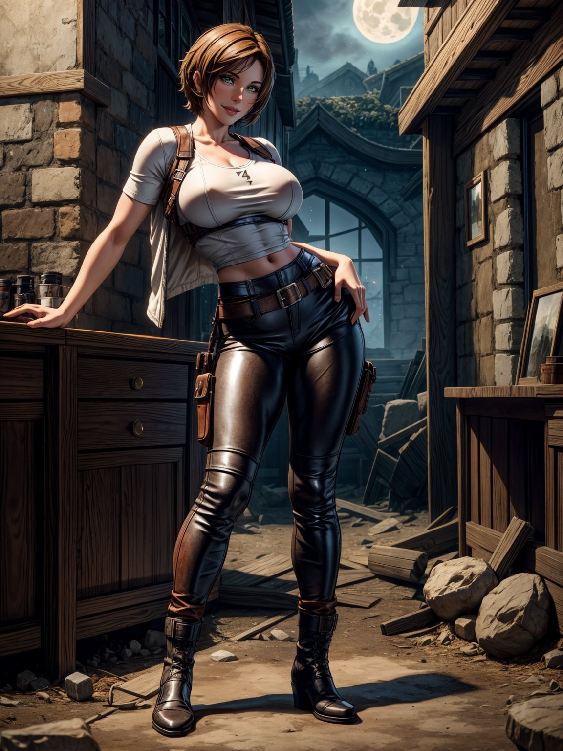 1woman, white T-shirt and long brown leather pants, black boot, extremely erotic clothing, extremely gigantic breasts, brown hair, very short hair, flat hair, hair with bangs in front of the eyes, looking at the viewer, (((erotic pose interacting and leaning on something))), in an old house all destroyed, altars, furniture, window showing a village on fire at night and full moon at the top right, ((full body):1.5), ((Resident Evil 4)),16k, UHD, best possible quality, ((ultra detailed):1), best possible resolution, Unreal Engine 5, professional photography, perfect_hands