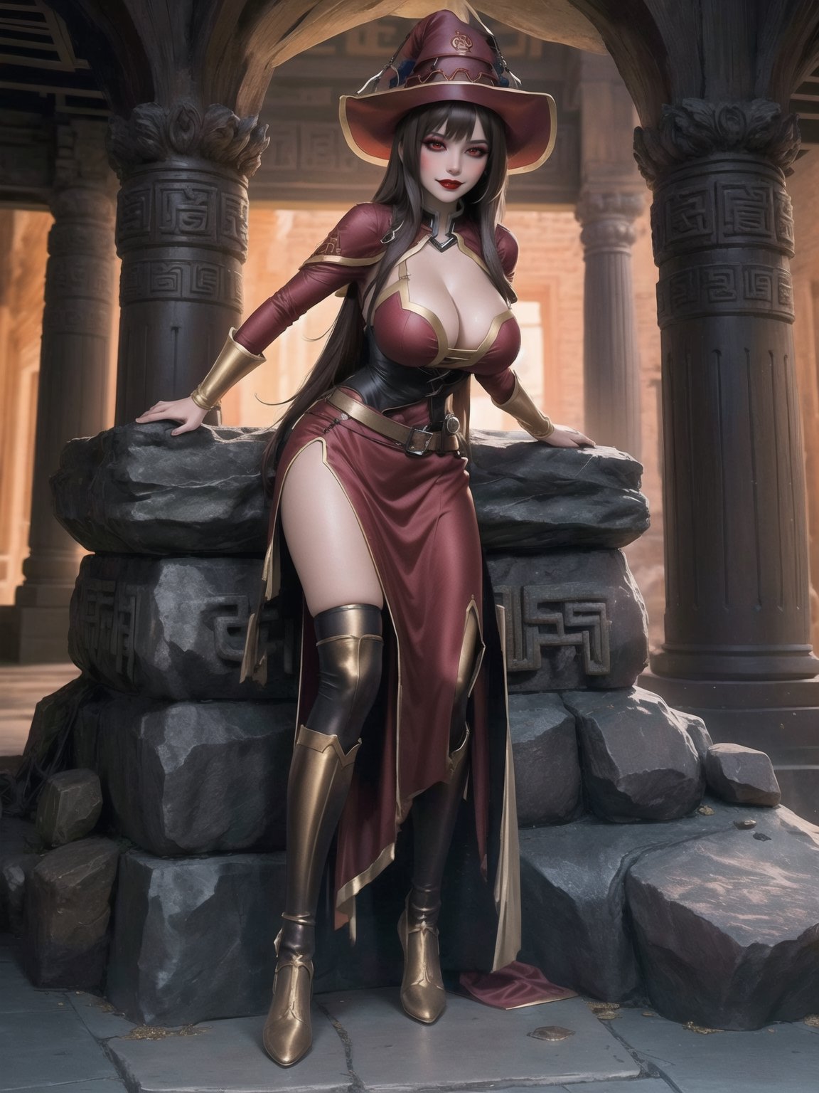 A woman, wearing sorceress costume with golden bands, all red costume, tight fitting costume, wearing witch hat, gigantic breasts, brown hair, hair with bangs in front of eyes, she is in an ancient temple in a cave, with large stone structures, altars, large figurines of ancient gods, pillars with Ancient Writings, UHD, best possible quality, ultra detailed, best possible resolution, ultra technological, futuristic, robotic, Unreal Engine 5, professional photography, she is, ((sensual pose with interaction and leaning on anything + object + on something + leaning against)), ((full body)), better_hands, More detail, ((Megumin - Konosuba))