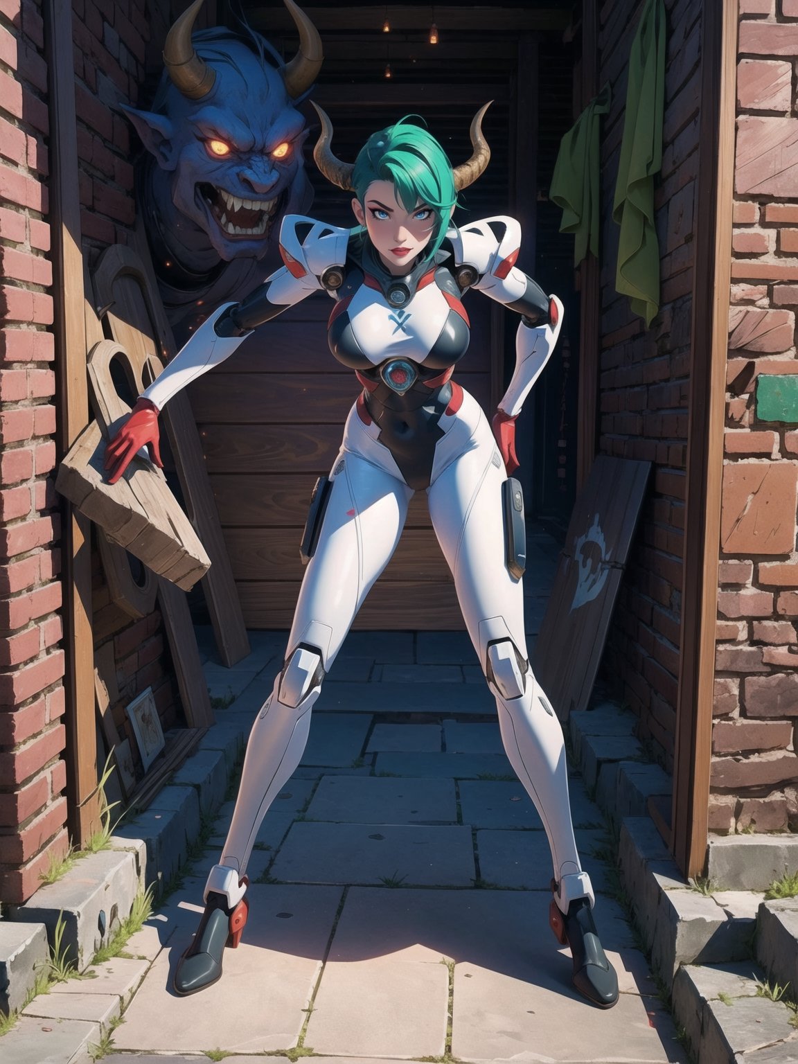 A woman, wearing a mecha suit+cybernetic armor+latex suit, suit with all white with parts in red, suit covering the whole body, suit with lights attached, (gigantic breasts), (horns) on the head, green hair, very short hair, mohawk hair, hair with bangs in front of the eyes, (looking at the viewer), ((((sensual pose+Interacting+leaning on anything+object+leaning against)))), in the underworld in a battlefield with many stone structures, altars with ancient writings, monsters fallen on the ground, glowing slimes, destroyed torture machines, wooden boards, large stones destroyed, altars with ancient writings, many demons, 16K, UHD, unreal engine 5, (full body:1.5), quality max, max resolution, more detail, ultra-realistic, ultra-detailed, maximum sharpness, perfect_hands, better_hand, 