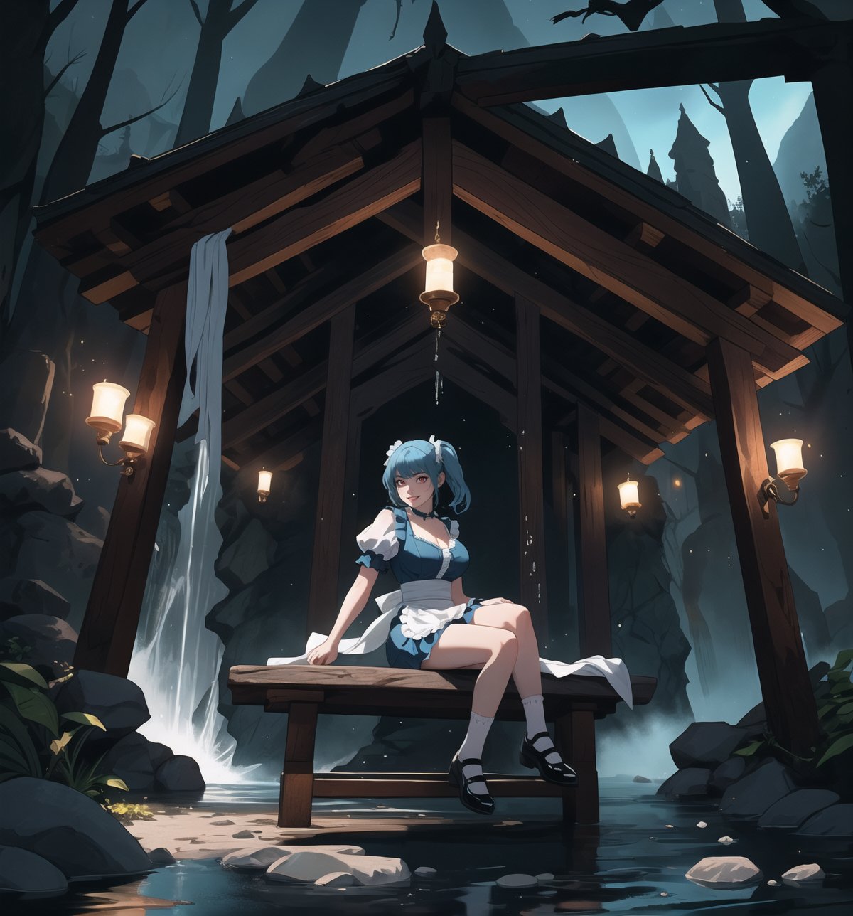 An ultra-detailed 16K masterpiece with macabre styles fused with fantastical elements, rendered in ultra-high resolution with realistic details. | A 33-year-old woman, dressed as a maid, wearing a simple blue uniform, white apron, black shoes and white socks. She has ((blue hair)), divided into two pigtails, and red eyes, looking at the viewer with a seductive and mysterious expression, smiling and showing her teeth. It is located in a macabre cave, with damp stone walls, stalactites and stalagmites, and a waterfall of dirty water falling to the floor. The cave has an altar made of wood and wooden architecture scattered throughout the environment. The dim light of a few candles illuminates the gloomy environment, creating dramatic shadows and highlighting the details of the scene. | The image highlights the woman's sensual figure and the cave's architectural elements. The rock and wooden structures, along with the woman, the altar, the pillars and the macabre sculptures, create a frightening and seductive environment. Thunder in the night sky illuminates the scene, creating dramatic shadows and highlighting the details of the scene. | Soft, shadowy lighting effects create a tense, desire-filled atmosphere, while rough, detailed textures on structures and costumes add realism to the image. | A sensual and terrifying scene of a woman dressed as a maid in a macabre cave, fusing elements of macabre art and fantasy. | ((((The image reveals a full-body image of the character as she assumes a sensual pose. She enticingly leans, throws herself, and supports herself against a structure within the scene in an exciting manner. While leaning back, she takes on a sensual pose, boldly throwing herself onto the structure and reclining back in an exhilarating way.)))). | ((((full-body image)))), ((perfect pose)), ((perfect fingers, better hands, perfect hands)), ((perfect legs, perfect feet)), ((huge breasts)), ((perfect design)), ((perfect composition)), ((very detailed scene, very detailed background, perfect layout, correct imperfections)), More Detail, Enhance