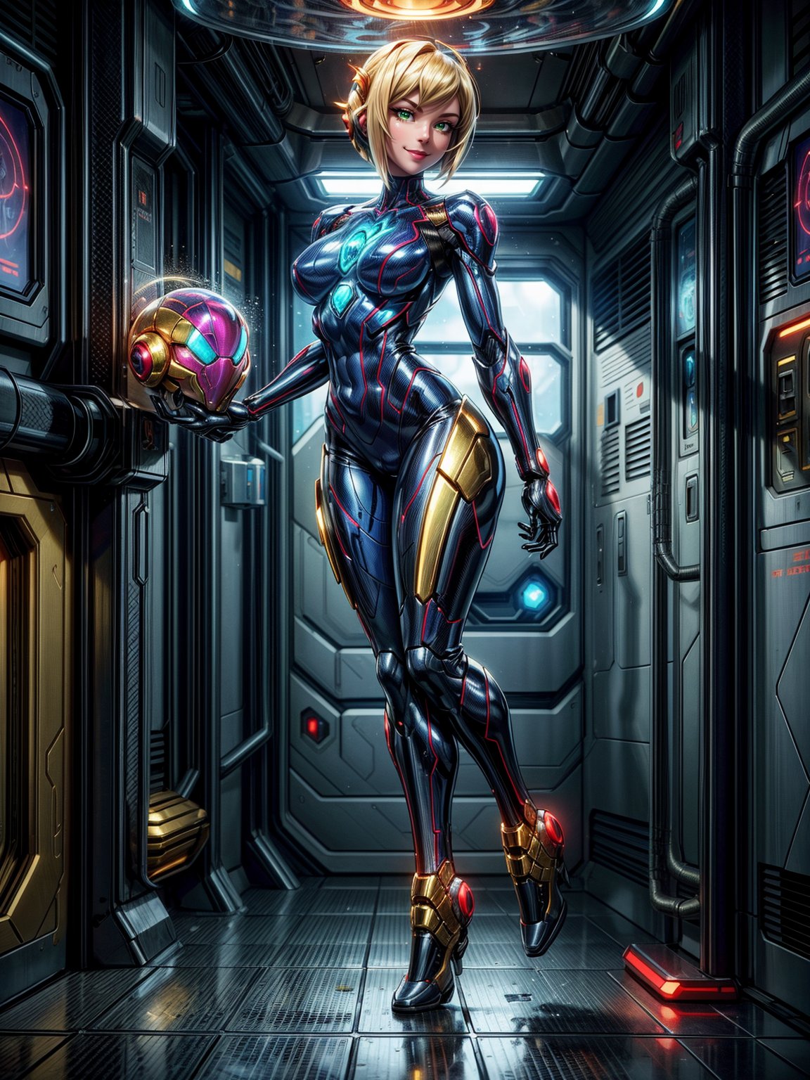 Just one woman, wearing mecha costume+Samus Aran costume+spider man costume, black with golden parts, gigantic breasts, multicolored hair, very short hair, straight hair, hair with bangs in front of the eyes, cybernetic helmet on the head, looking at the viewer, (((erotic pose interacting and leaning on something))), in a spaceship, with furniture, machines, robots, elevator, pipes with luminous water, window showing outer space, ((full body):1.5), ((Super Metroid)),16k, UHD, best possible quality, ((ultra detailed):1.2), best possible resolution, Unreal Engine 5, professional photography, perfect_hands