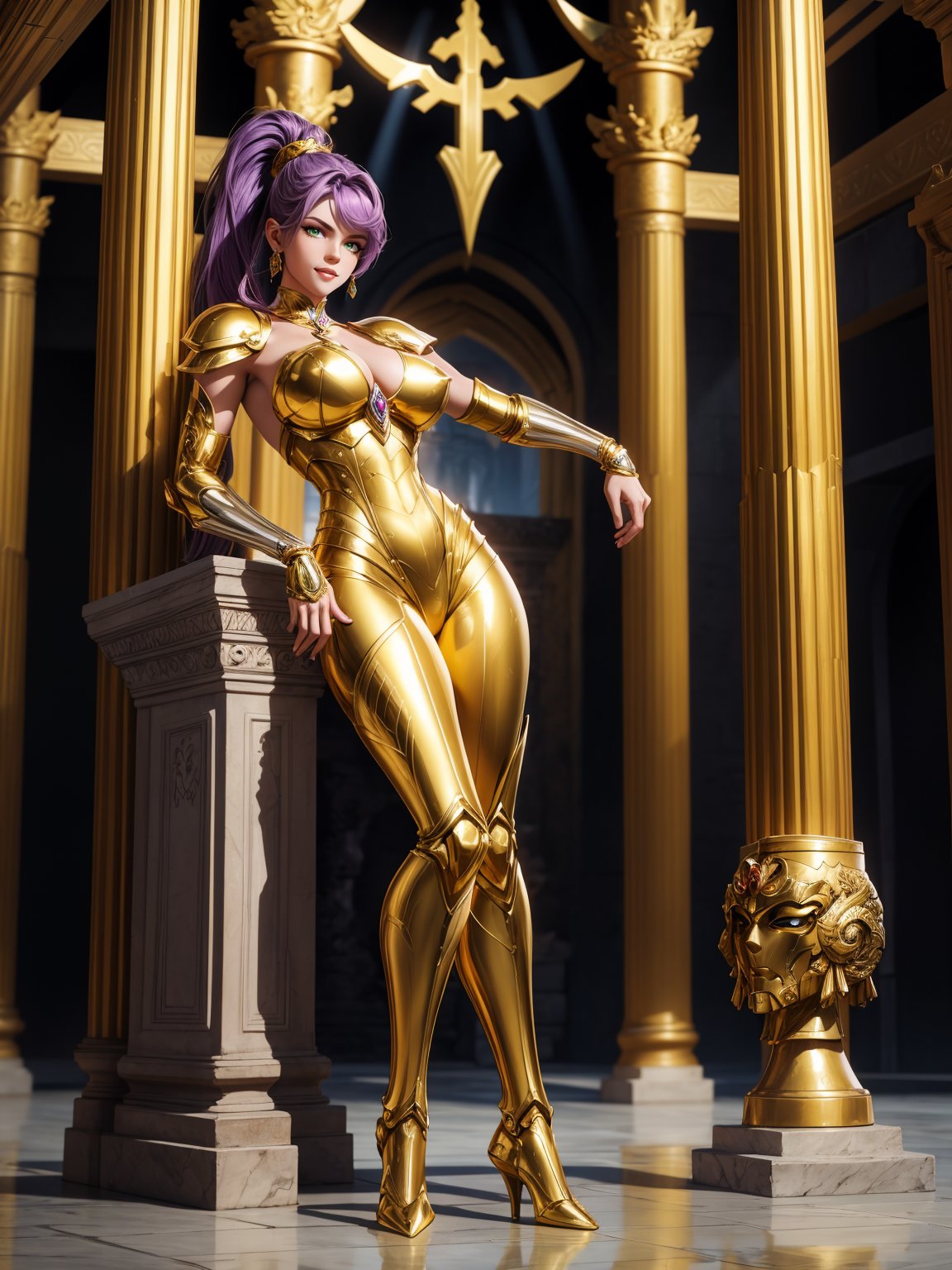 A woman, wearing gold armor+robotic suit covering her entire body, extremely large breasts, purple hair, short hair, hair with ponytail, hair with bangs covering the eye, helmet on the head, helmet on the head, (((staring at the viewer, pose interacting and leaning [on something|on an object]))), in the underwater temple of Poseidon, with many structures, altars, figurines, seabed with various structures, ((full body):1.5), 16k, UHD, best possible quality, ultra detailed, best possible resolution, Unreal Engine 5, professional photography, well-detailed fingers, well-detailed hand, perfect_hands, ((saint seiya - Mu of aries)) 