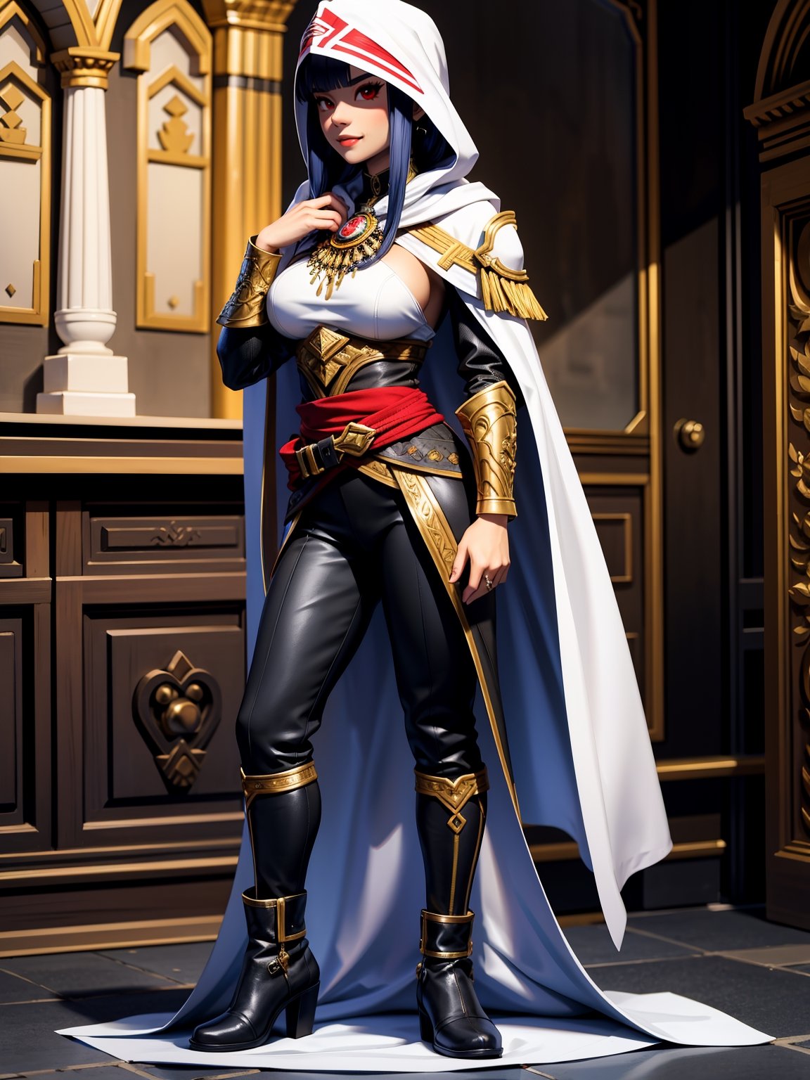 A woman, wearing a white robe, black T-shirt, dark brown long pants, black leather boots, tight-fitting body suit, blue hair, hair with short braids, hair with bangs in front of eyes, ((hood on head)), looking at the viewer, ((([pose with interaction and leaning on something|pose with interaction and leaning on an object]))), on the balcony, with garules, structures, crucifixes, altars, background of the city of London at night, ((full body):1.5), 16K, UHD, best possible quality, ultra detailed, best possible resolution, Unreal Engine 5, professional photography, very detailed fingers, very detailed hand, perfect_hands, perfect,GoodHands-beta2, Furtastic_Detailer, ((Assassin's creed))