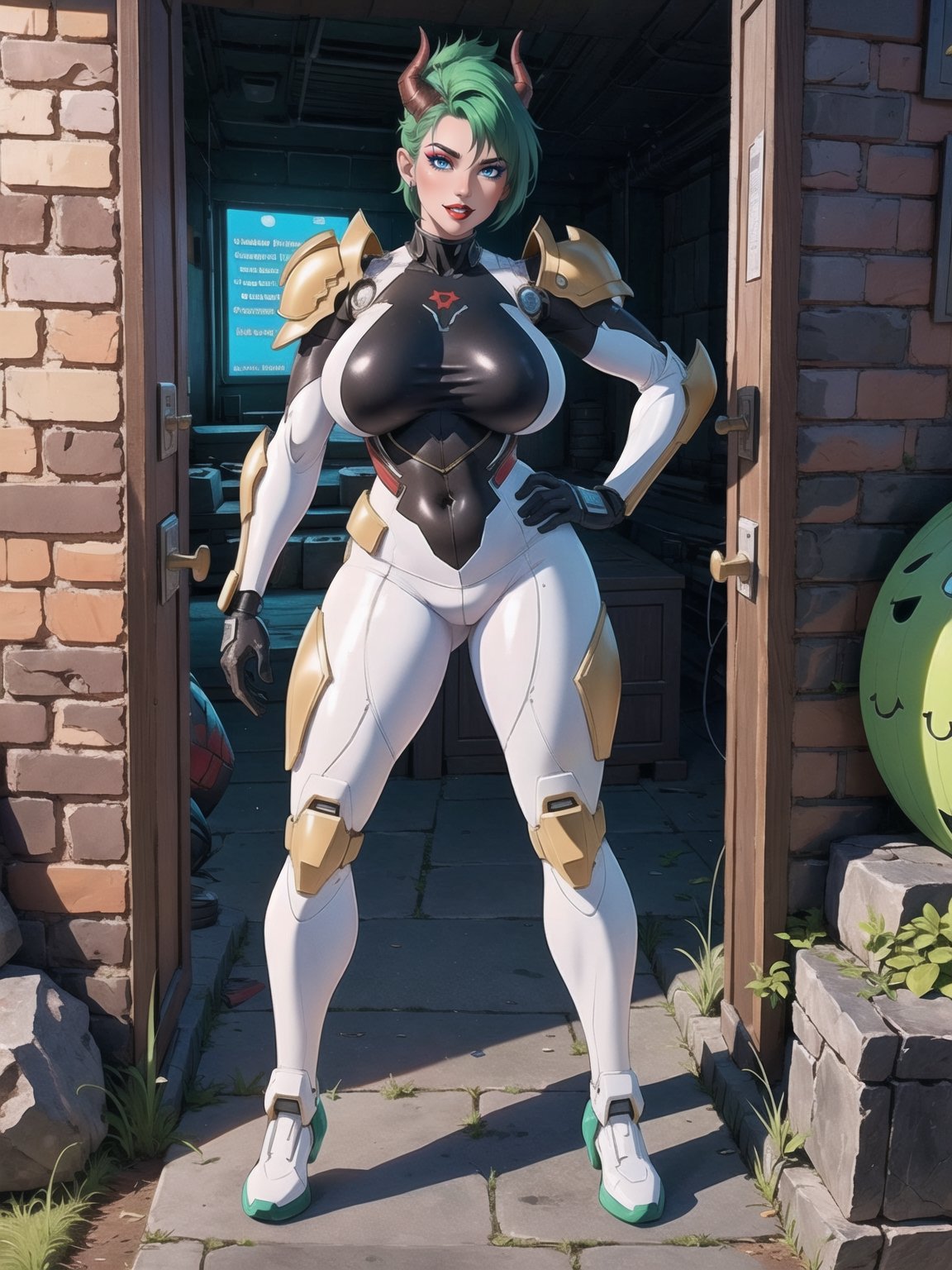 A woman, wearing mecha suit+cybernetic armor+latex suit, all-white suit with red parts, costume covering the whole body, costume with lights attached, (gigantic breasts, horns), green hair, very short hair, mohawk hair, hair with bangs in front of the eyes, (looking at the viewer), (((sensual pose with interaction and leaning on anything+object+on something+leaning against))) in a dungeon in the underworld, with many stone structures, altars with ancient writings, monsters fallen on the ground, luminous slimes, torture machines destroyed, wooden plates, large stones destroyed, altars with ancient writings, many demons, (full body:1.5), 16K, UHD, unreal engine 5, quality max, max resolution, More detail, ultra-realistic, ultra-detailed, maximum sharpness, perfect_hands, better_hands,