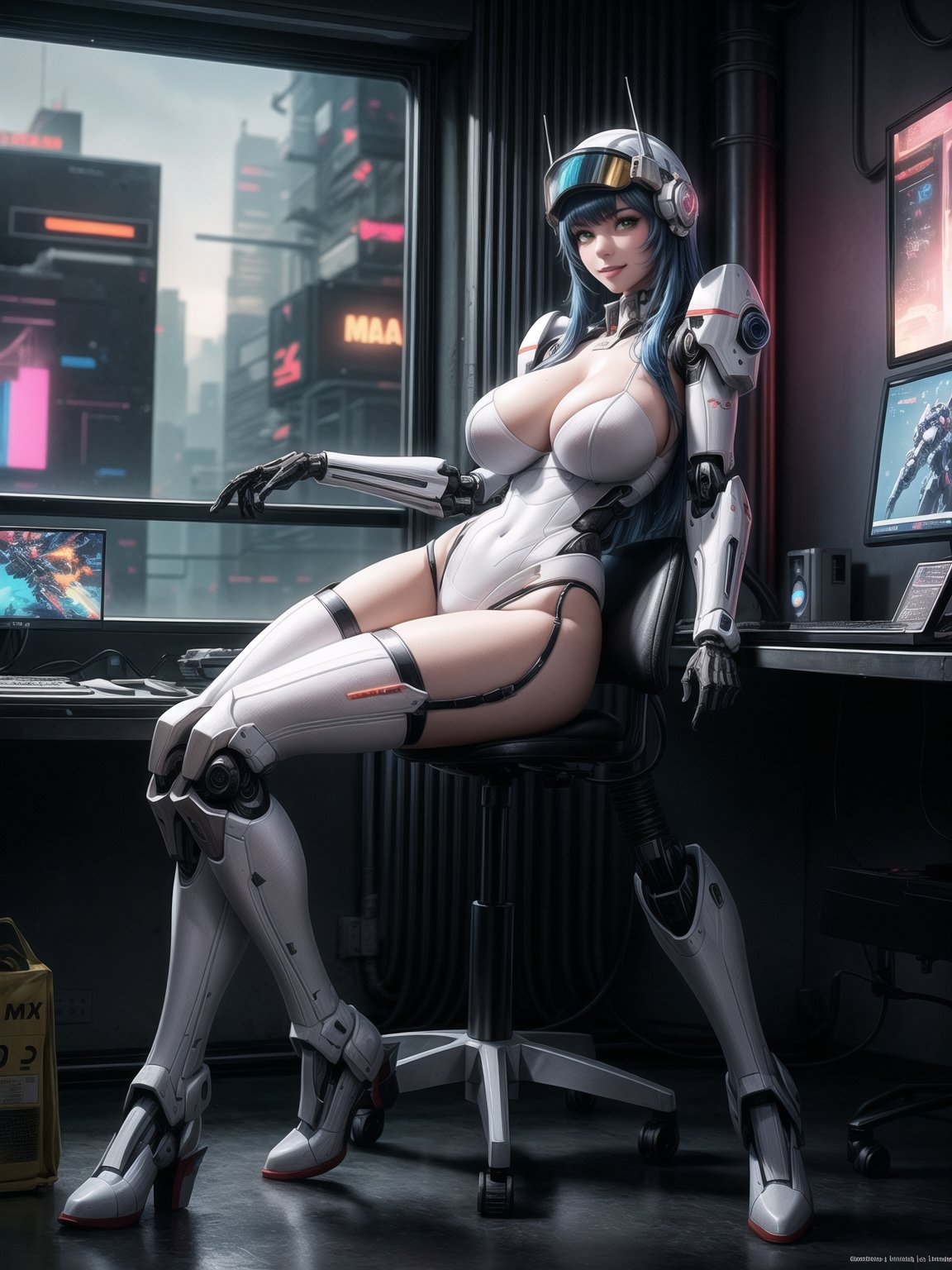 A woman, wearing ((all white mecha suit with blue parts, huge breasts, wearing helmet with colored visor):1), blue hair, hair with bangs in front of eyes, (looking at the viewer), (((sensual pose+Interacting+leaning on anything+object+leaning against))), in a laboratory with chair, machines, computers, window showing the city at night, 16K, UHD, ((full body)), unreal engine 5, quality max, max resolution, ultra-realistic, ultra-detailed, maximum sharpness, ((perfect_hands)), ((perfect_legs)), Goodhands-beta2, ((mecha, cyberpunk))