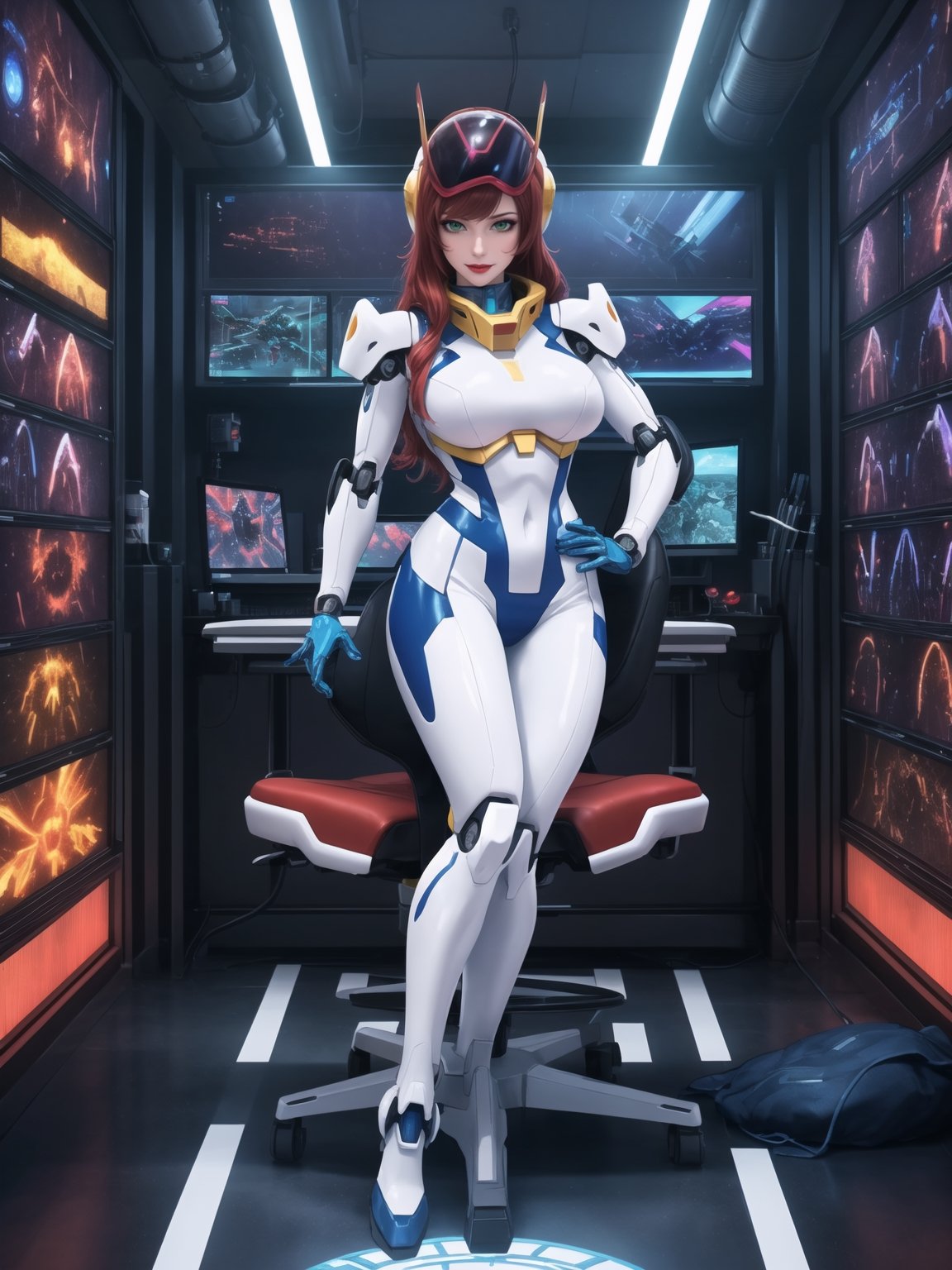 Solo woman, wearing mecha Suit+Gundam suit+cybernetic armor all white+parts in red+yellow, very tight body suit, wearing (robotic helmet with transparent color display, gigantic breasts), mohawk hair, blue hair, messy hair, ((looking directly at the viewer)), she is in a futuristic laboratory, with many machines with living beings inside, being shown by a display, computers, table with chair streaming, video games, window showing the city at night, 16k, UHD, super metroid, mecha, gundam, Unreal Engine 5, professional photography, she is, ((interaction and leaning on anything+object+on something+leaning against+sensual pose, full body)), More detail, better_hands,