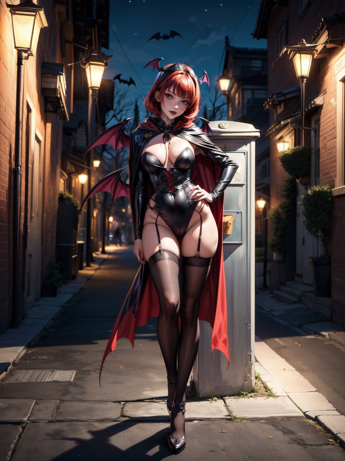 ((1woman)), ((wearing erotic vampire costume, with long cape, bat wings on head, very pale and whitish skin)), ((gigantic breasts)), ((short red hair, hair with bangs in front of the eyes)), ((staring at the viewer)), 1woman ((is leaning against a very high mailbox doing erotic pose)), ((in a small neighborhood, leaning against a post office box fazend ,  halloween party, multiple people with different costumes in the neighborhood, is at night, lampposts illuminating, the neighborhood)), (((full body))), 16k, UHD, ((better quality, better resolution, better detail))