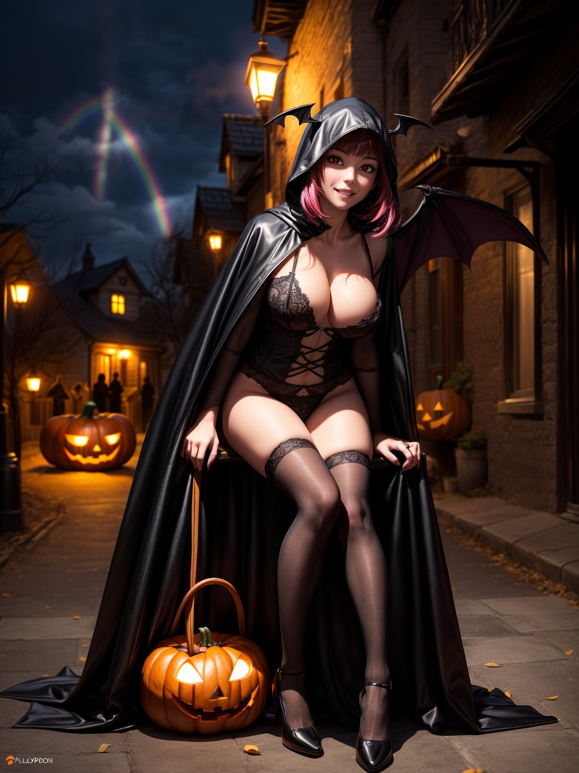 ((1woman)), ((wearing vampire costume, with long cape, bat wings on head, very pale skin)), ((gigantic breasts)), ((short rainbow hair, hair with bangs in front of eyes)), ((staring at the viewer)), ((striking the viewer)), ((striking erotic pose, leaning against [front, almost sitting, on top of a wall, feet on the ground|leaning on one, wooden cards stuck on the floor])), ((in a small neighborhood, halloween party, multiple people with different costumes in the neighborhood, is at night, lampposts illuminating, the bairo)), (((full body))), 16k, UHD, (((better quality, better resolution, better detail)),