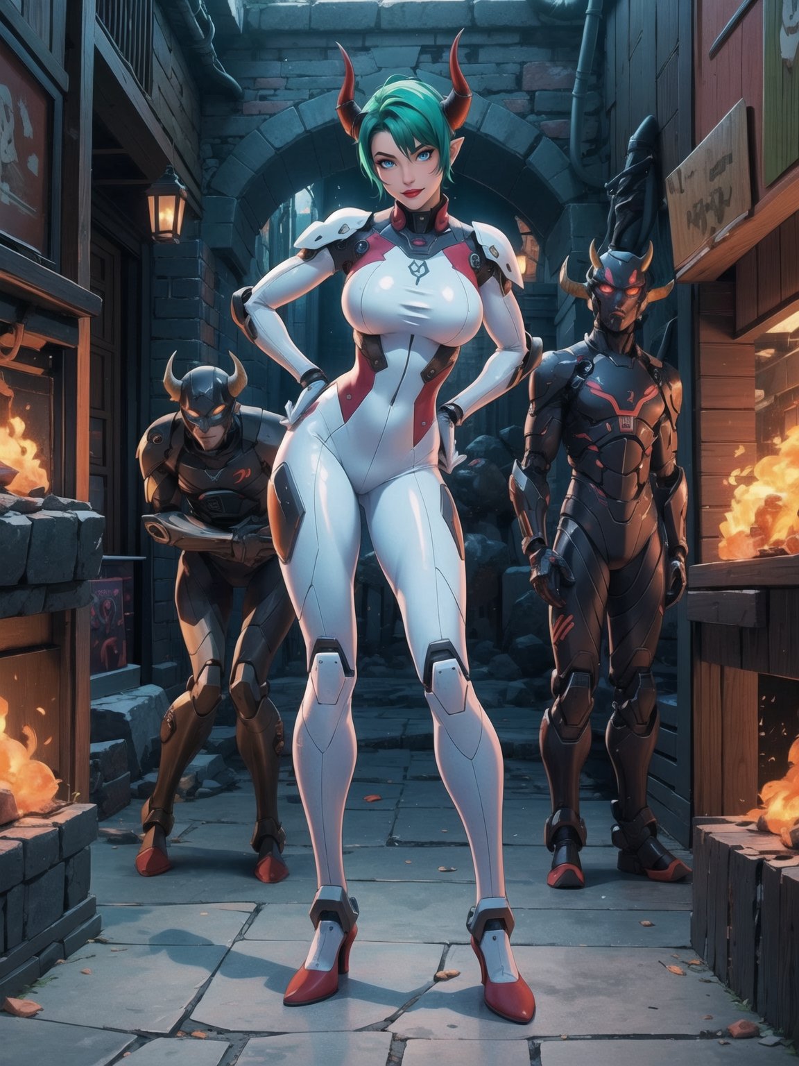A woman, wearing a mecha suit+cybernetic armor+latex suit, suit with all white with parts in red, suit covering the whole body, suit with lights attached, (gigantic breasts), (horns) on the head, green hair, very short hair, mohawk hair, hair with bangs in front of the eyes, (looking at the viewer), in the underworld in a battlefield, ((((sensual pose, Interacting, leaning on anything, object, leaning against)))), with many stone structures, altars with ancient writings, monsters fallen on the ground, glowing slimes, destroyed torture machines, wooden boards, large stones destroyed, altars with ancient writings, many demons, 16K, UHD, unreal engine 5, (full body:1.5), quality max, max resolution, more detail, ultra-realistic, ultra-detailed, maximum sharpness, perfect_hands, better_hand, 