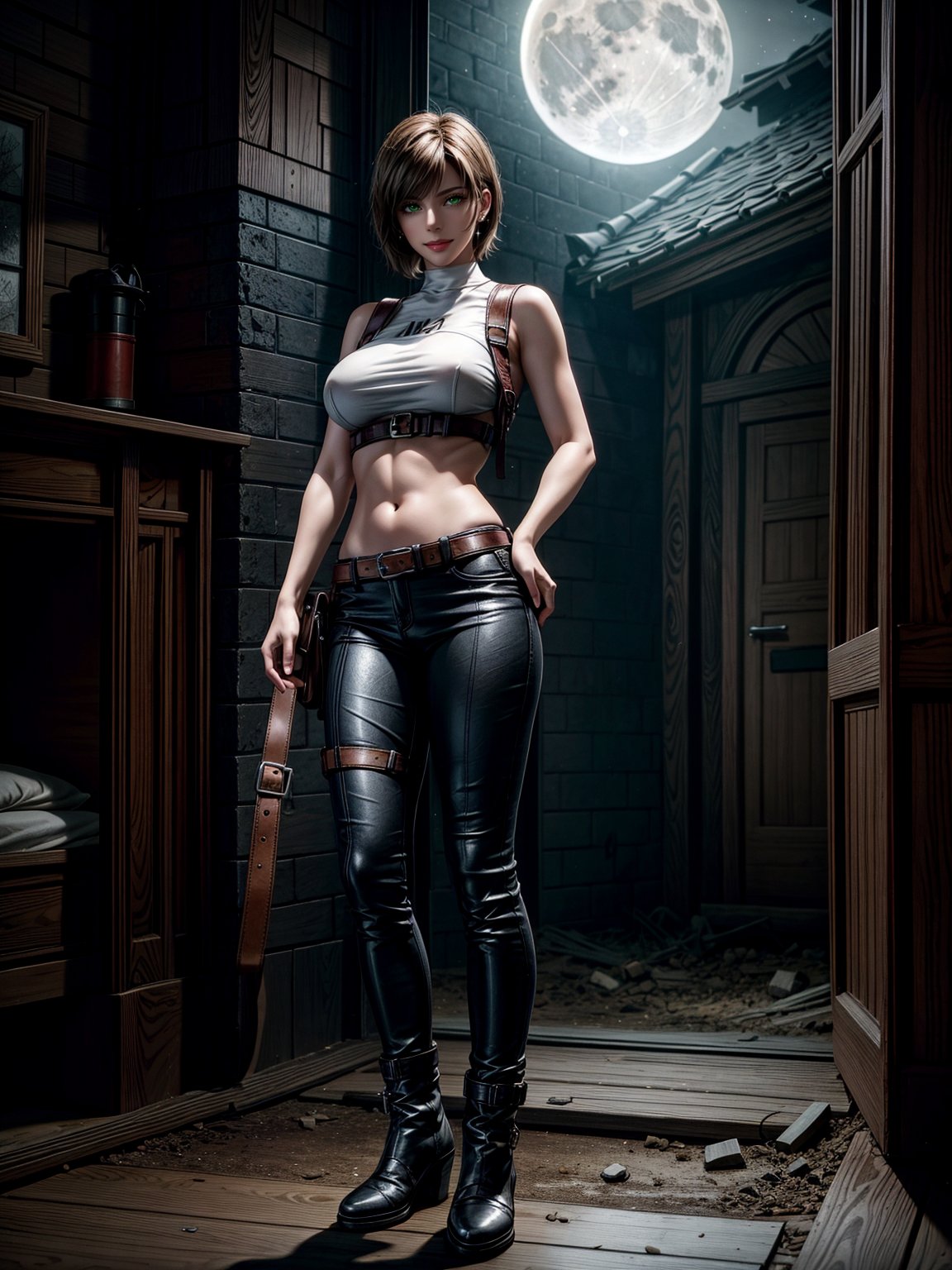 1woman, white T-shirt and long brown leather pants, black boot, extremely erotic clothing, extremely gigantic breasts, brown hair, very short hair, straight hair, hair with bangs in front of the eyes, looking at the viewer, (((erotic pose interacting and leaning on something))), in an old house all destroyed with furniture, altars, window showing a village at night and a full moon at the top right,  ((full body):1.5), ((Resident Evil 4)),16k, UHD, best possible quality, ((ultra detailed):1), best possible resolution, Unreal Engine 5, professional photography, perfect_hands