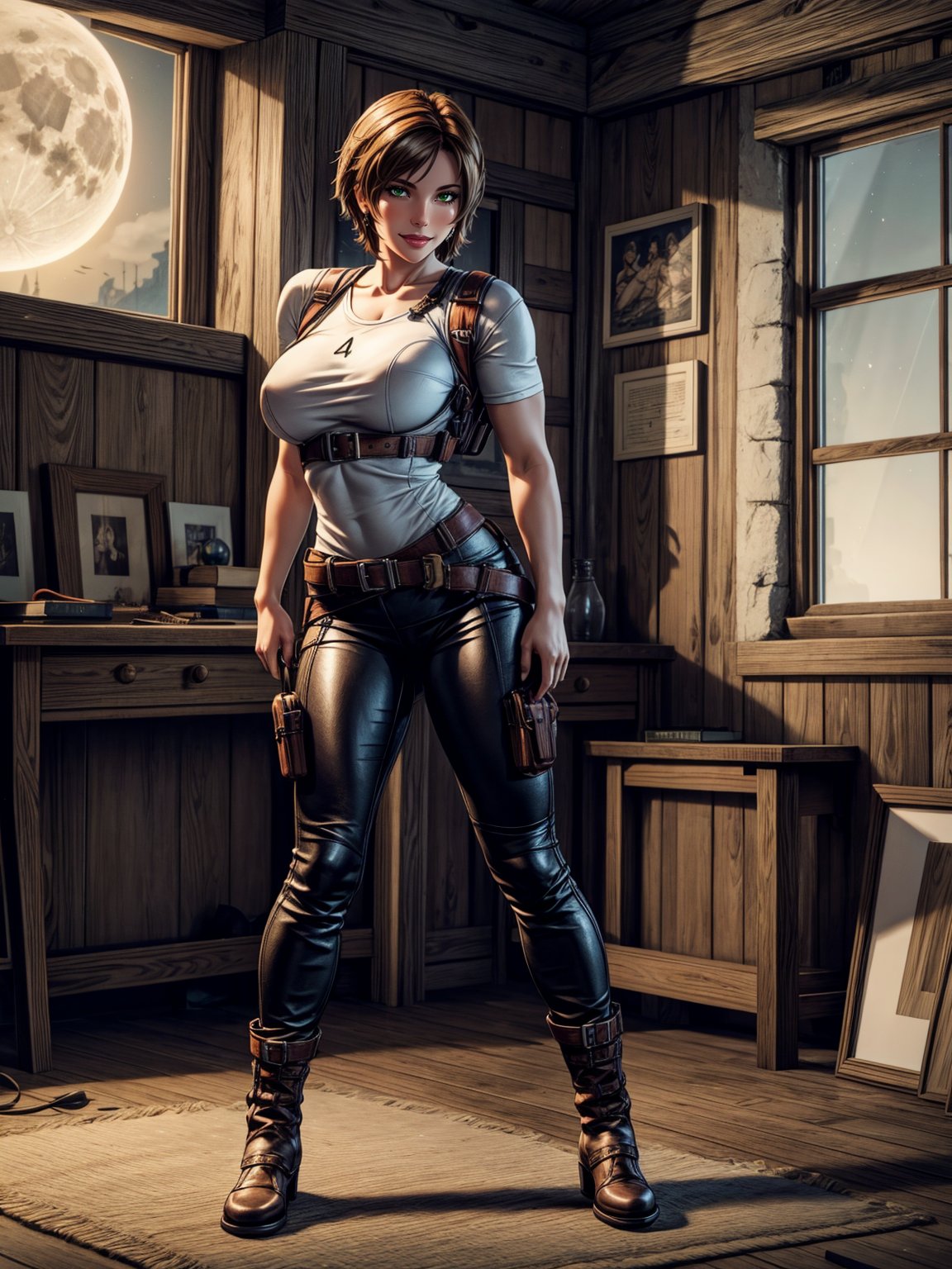 1woman, white T-shirt and long brown leather pants, black boot, extremely erotic clothing, extremely gigantic breasts, brown hair, very short hair, flat hair, hair with bangs in front of the eyes, looking at the viewer, (((erotic pose interacting and leaning on something))), in an old house all destroyed, altars, furniture, window showing a village on fire at night and full moon at the top right, ((full body):1.5), ((Resident Evil 4)),16k, UHD, best possible quality, ((ultra detailed):1), best possible resolution, Unreal Engine 5, professional photography, perfect_hands