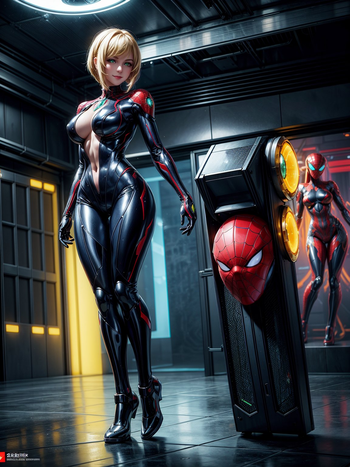 Just one woman, wearing mecha costume+Samus Aran costume+spider man costume, black with golden parts, gigantic breasts, multicolored hair, very short hair, straight hair, hair with bangs in front of the eyes, cybernetic helmet on the head, looking at the viewer, (((erotic pose interacting and leaning on something)))), in a spaceship, with many machines, robots, elevator, pipes with luminous water, window showing outer space, ((full body):1.5), ((Super Metroid)),16k, UHD, best possible quality, ((ultra detailed):1.2), best possible resolution, Unreal Engine 5, professional photography, perfect_hands
