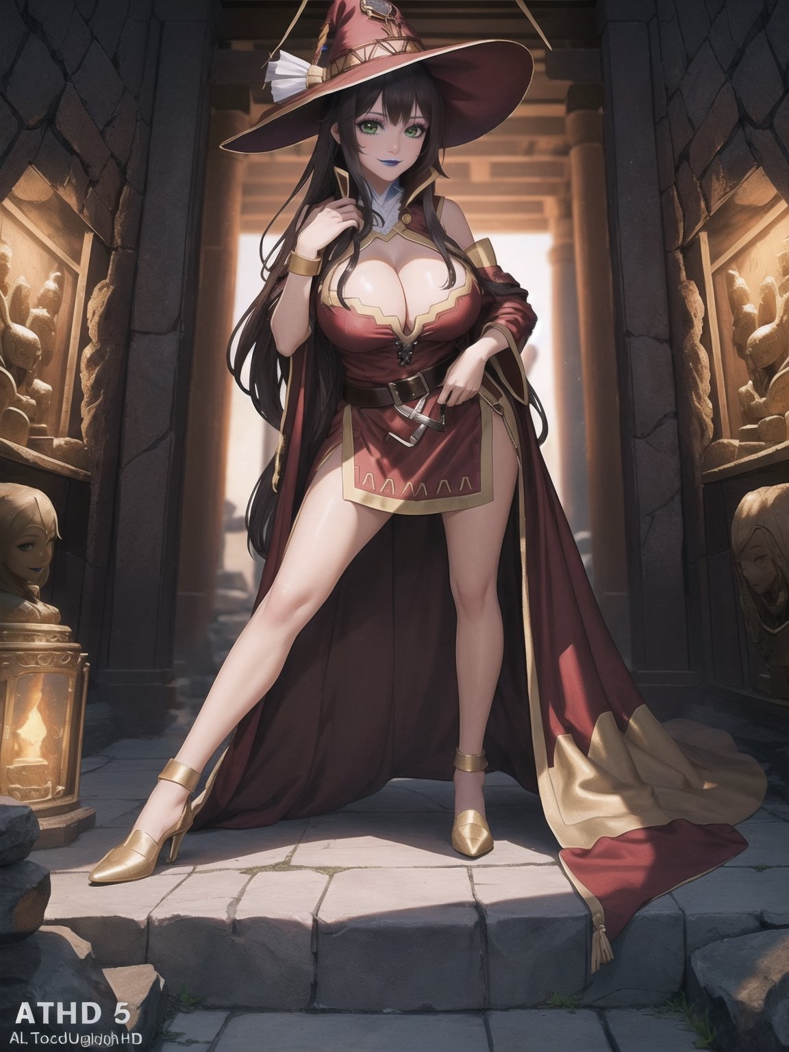 A woman, wearing sorceress costume with golden bands, all red costume, tight fitting costume, wearing witch hat, gigantic breasts, brown hair, hair with bangs in front of eyes, she is in an ancient temple in a cave, with large stone structures, altars, large figurines of ancient gods, pillars with Ancient Writings, UHD, best possible quality, ultra detailed, best possible resolution, ultra technological, futuristic, robotic, Unreal Engine 5, professional photography, she is, ((sensual pose with interaction and leaning on anything + object + on something + leaning against)), ((full body)), better_hands, More detail, ((Megumin - Konosuba))