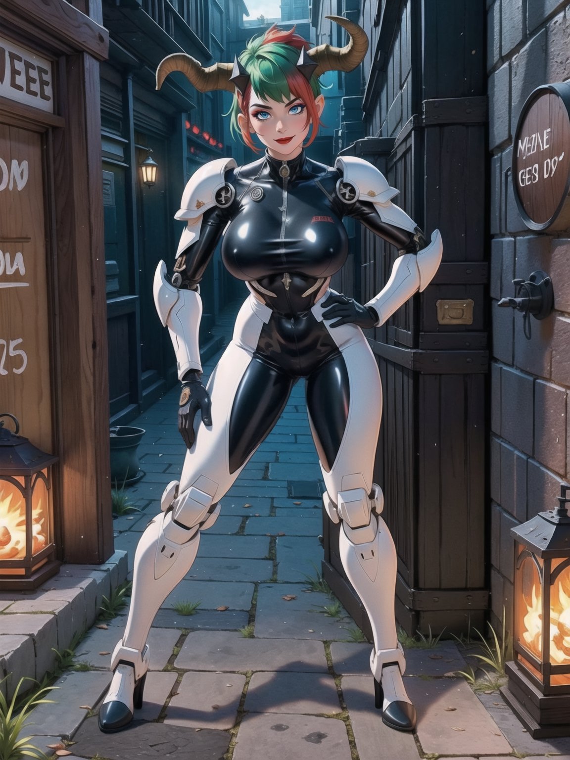 (A woman demon), wearing mecha+cybernetic armor+latex suit, all-white suit with red parts, costume covering the whole body, costume with lights attached, (gigantic breasts), (horns on head), green hair, very short hair, mohawk hair, hair with bangs in front of the eyes, (looking at the viewer), ((((sensual pose with interaction and leaning on anything+object+on something+leaning against)))) in a dungeon in the underworld,  with many stone structures, altars with ancient writings, monsters fallen on the ground, luminous slimes, torture machines destroyed, wooden plates, large stones destroyed, altars with ancient writings, many demons, 16K, UHD, (full body:1.5), unreal engine 5, quality max, max resolution, More detail, ultra-realistic, ultra-detailed, maximum sharpness, perfect_hands, better_hands