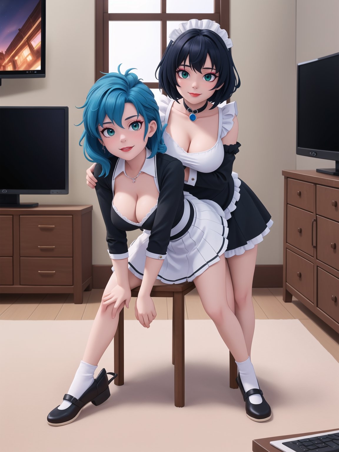 Solo woman, wearing maid's costume, all black with white parts, very short white skirt, gigantic breasts, mohawk hair, blue hair, messy hair, looking directly at the viewer, she is in a very large apartment, with furniture, computers, plasma TV, bed, glass table, chair, window, instant, 16k, UHD, best possible quality, ultra detailed,  best possible resolution, Unreal Engine 5, professional photography, she is, (((interaction and leaning on anything+object+on something+leaning against+sensual pose+full body+perfect_pose))), better_hands ,perfect, More detail,