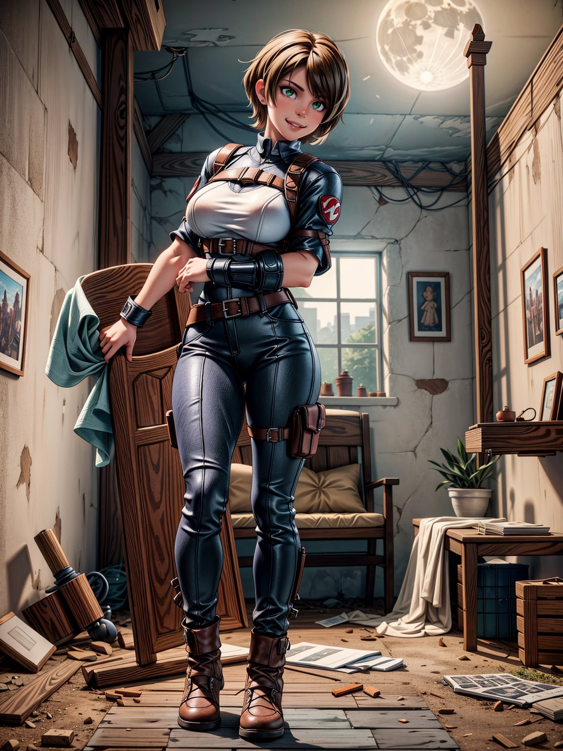 1woman, white T-shirt and long brown leather pants, black boot, extremely erotic clothing, extremely gigantic breasts, brown hair, very short hair, straight hair, hair with bangs in front of the eyes, looking at the viewer, (((erotic pose interacting and leaning on something))), in an old house all destroyed with lots of furniture, altars, window showing a village at night and a full moon at the top right, ((full body):1.5), ((Resident Evil 4)),16k, UHD, best possible quality, ((ultra detailed):1.2), best possible resolution, Unreal Engine 5, professional photography, perfect_hands
