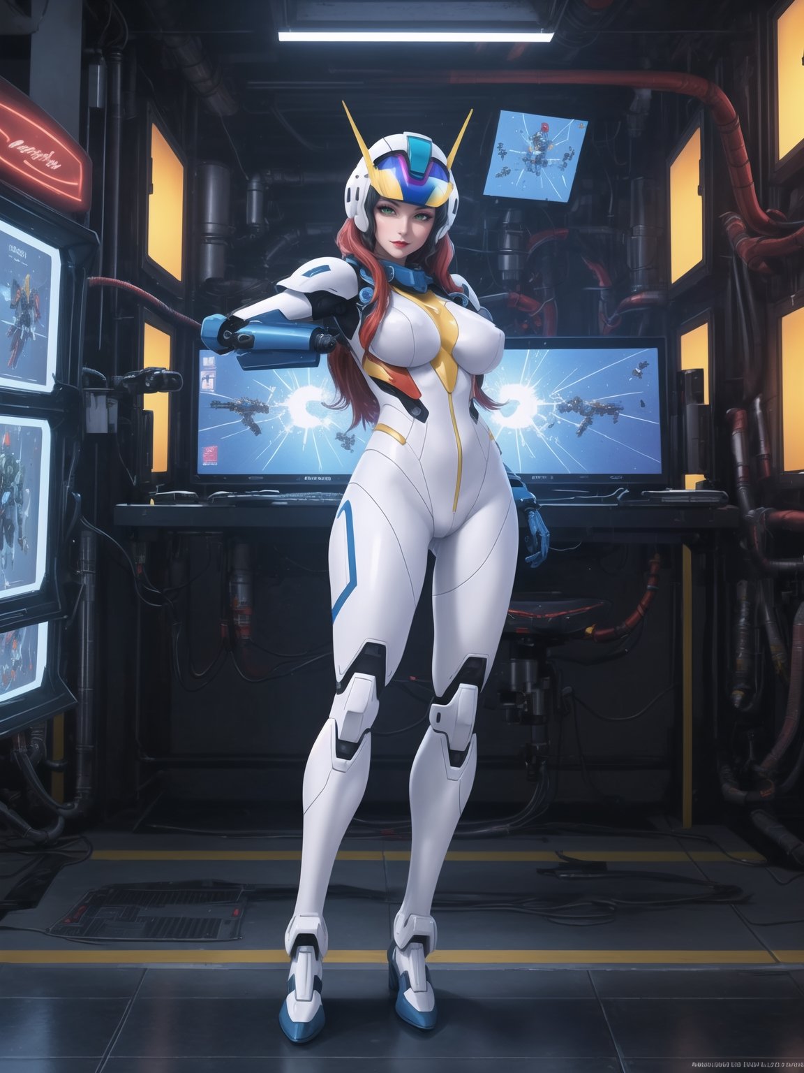 Solo woman, wearing mecha Suit+Gundam suit+cybernetic armor all white+parts in red+yellow, very tight body suit, wearing (robotic helmet with transparent color display, gigantic breasts), mohawk hair, blue hair, messy hair, ((looking directly at the viewer)), she is in a futuristic laboratory, with many machines with living beings inside, being shown by a display, computers, table with chair streaming, video games, window showing the city at night, (full body:1.5), 16k, UHD, super metroid, mecha, gundam, Unreal Engine 5, professional photography, she is, ((((interaction and leaning on anything+object+on something+leaning against+sensual pose)))), More detail, better_hands,